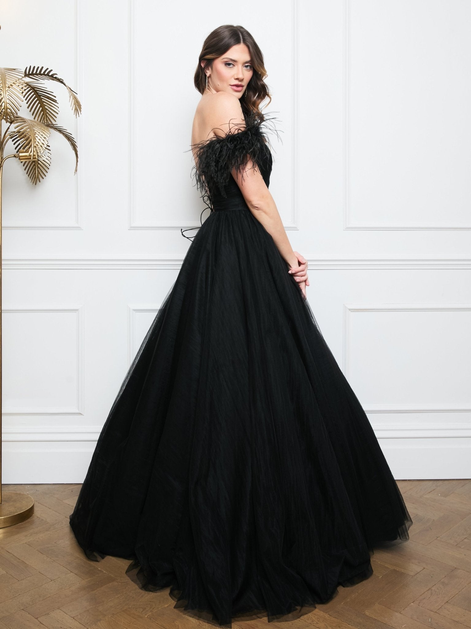Cindy - Black Feather & Tulle Bardot Ballgown