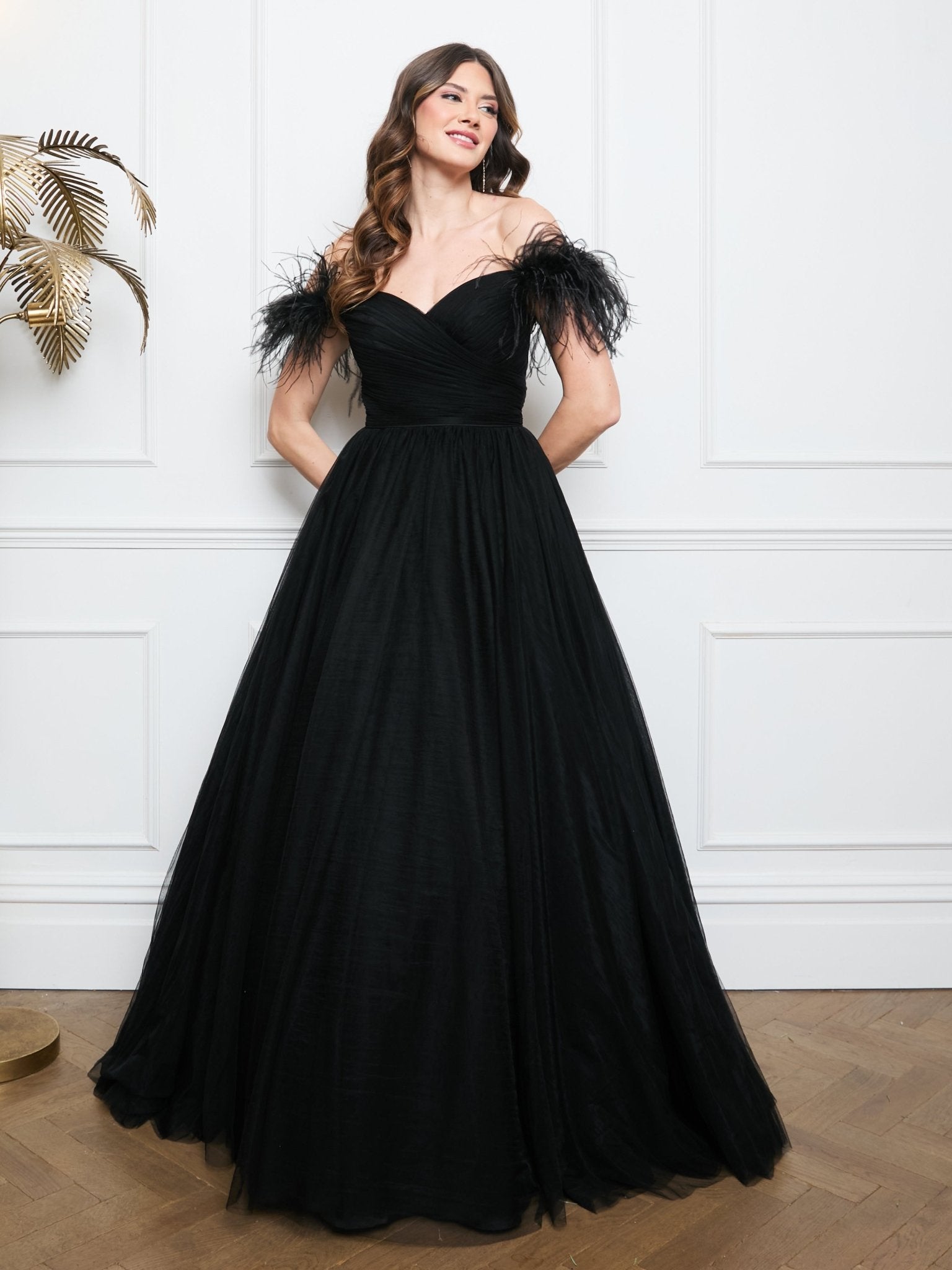 Cindy - Black Feather & Tulle Bardot Ballgown