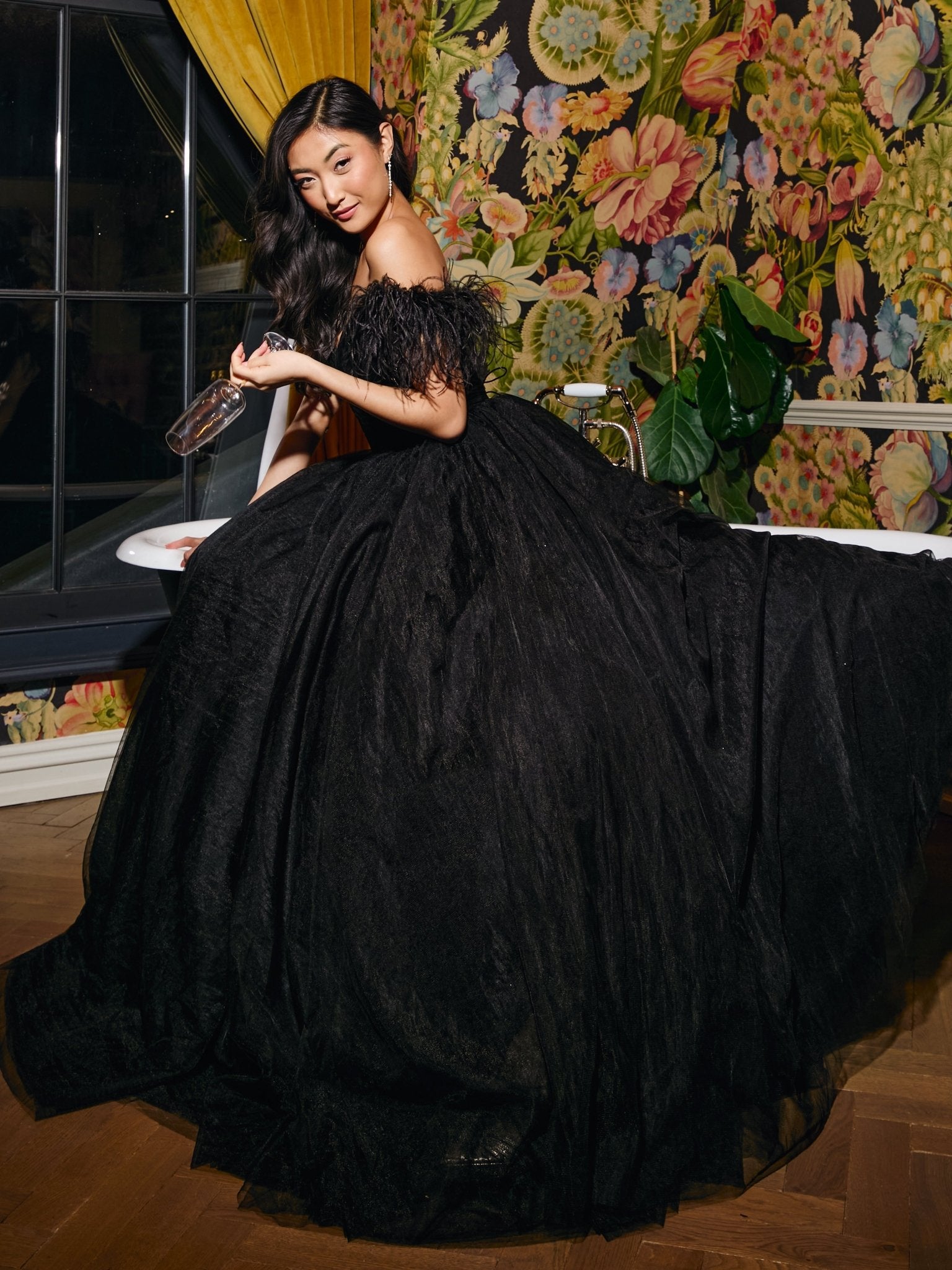 Cindy - Black Feather & Tulle Bardot Ballgown