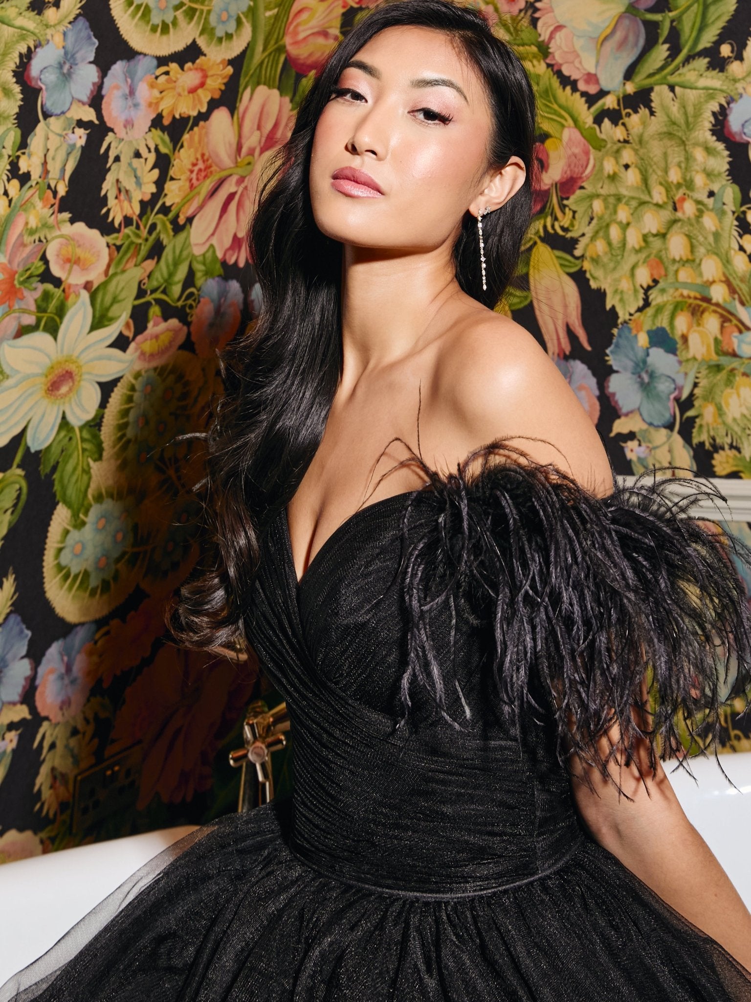 Cindy - Black Feather & Tulle Bardot Ballgown
