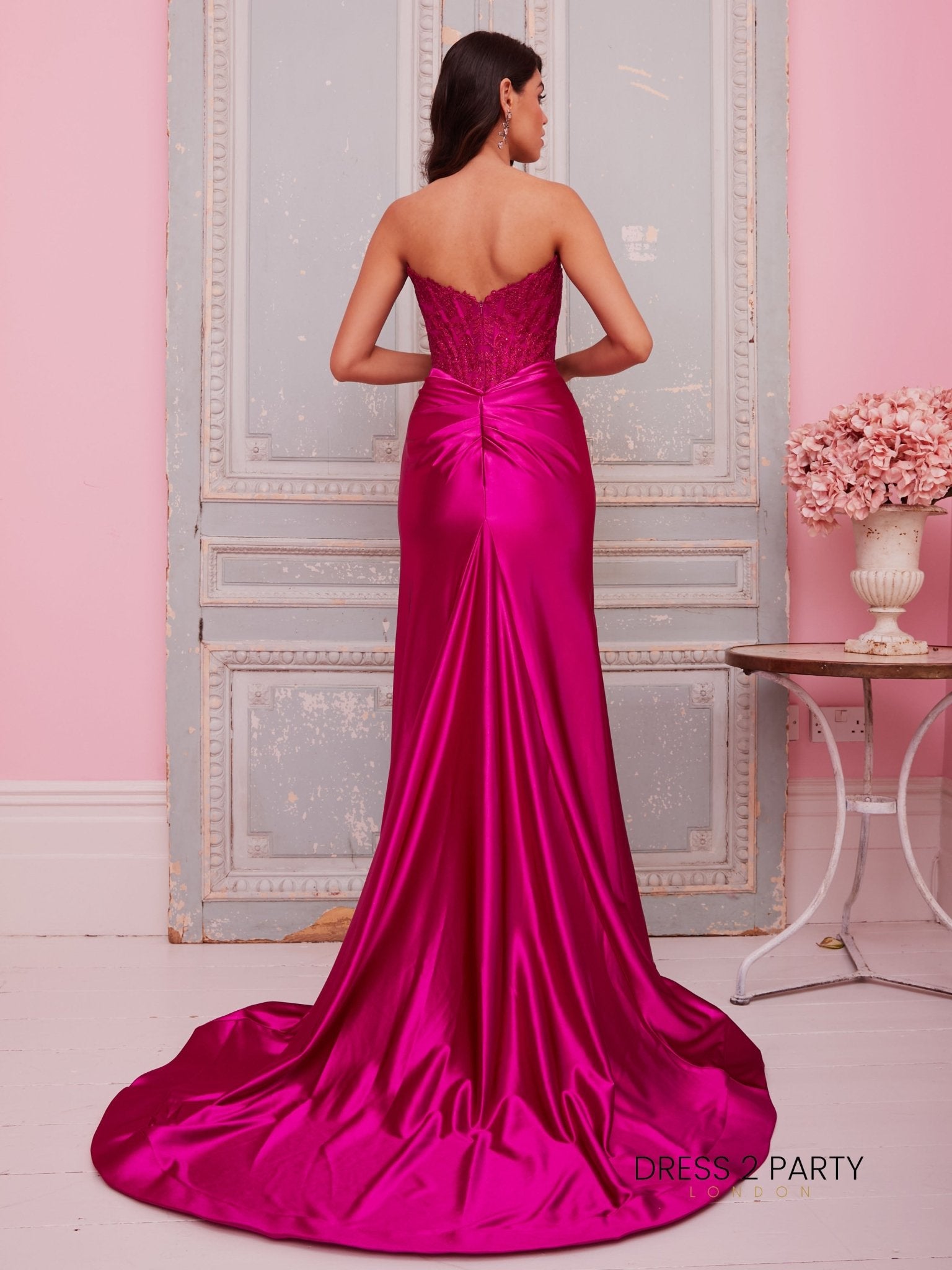 Ella - Hot Pink Strapless Metallic Lace Corset Top