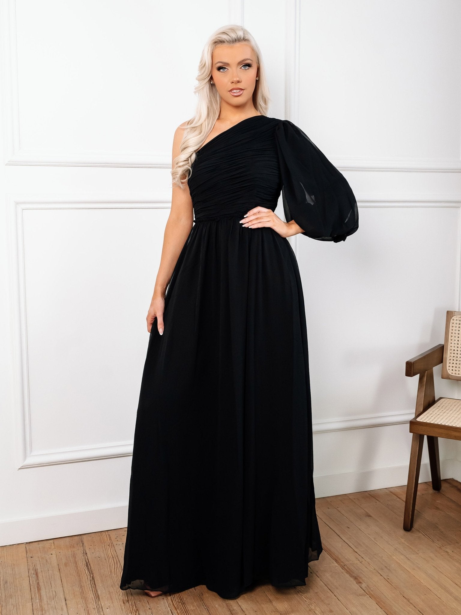 Etta - Black One Sleeve Chiffon Gown