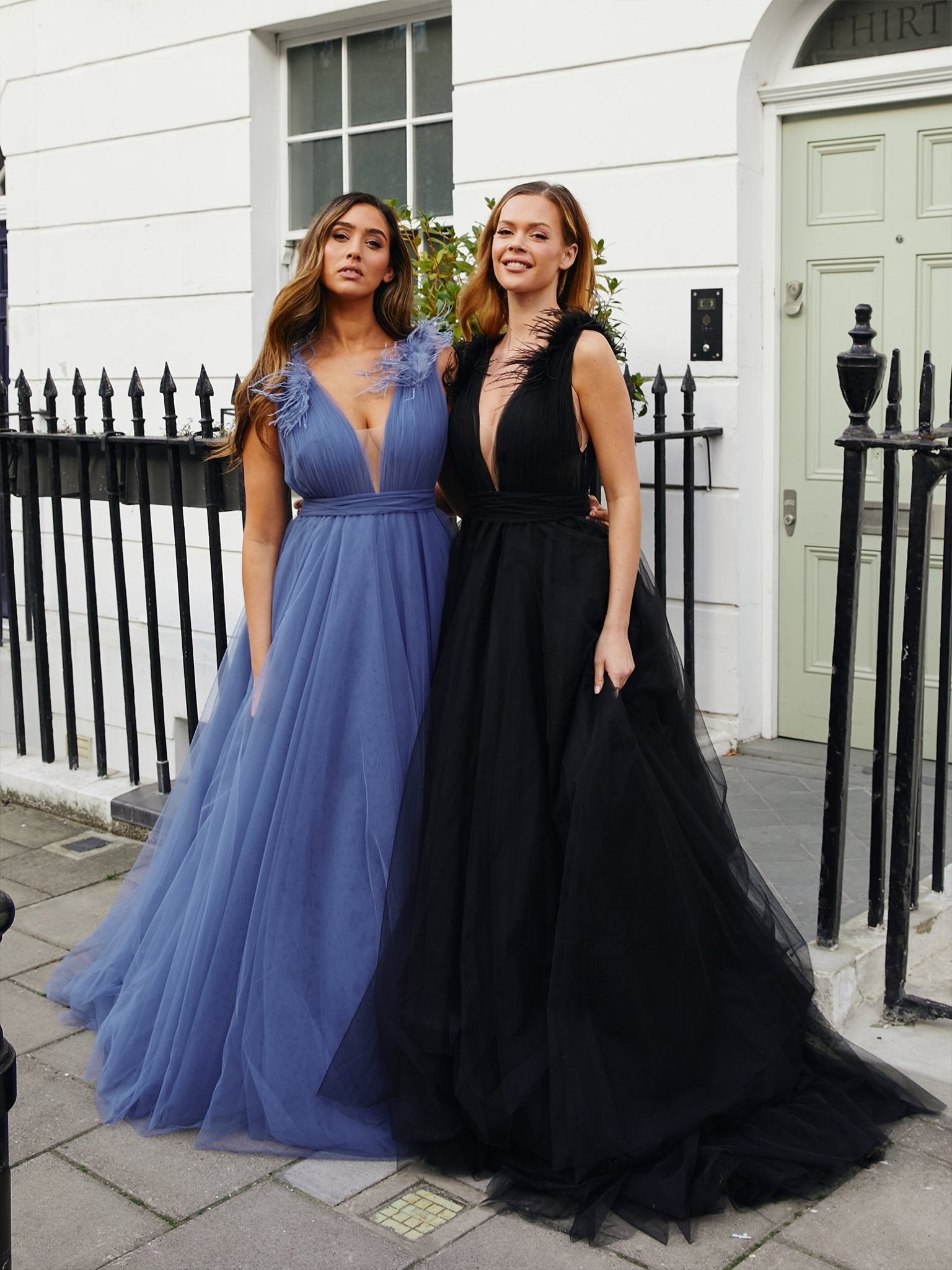 Isabelle Steel Blue Feather Trim Shoulder Tulle Ballgown