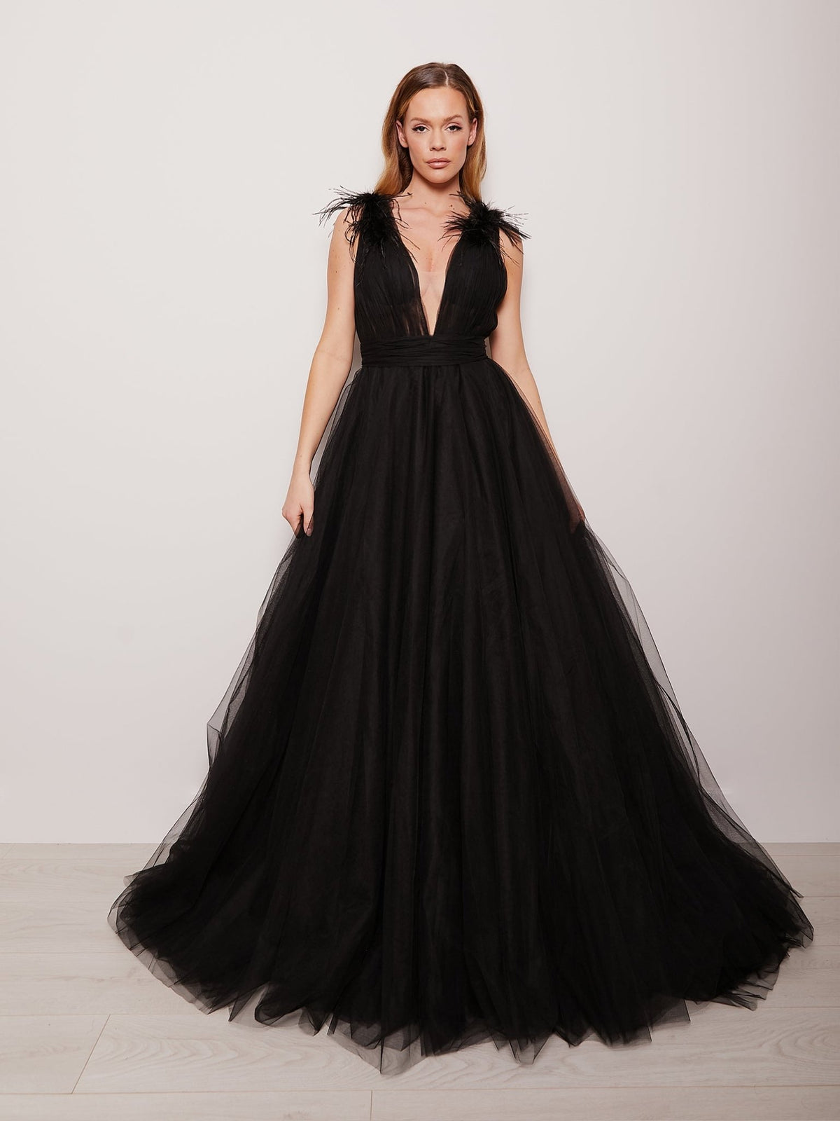 Isabelle - Black Feather Trim Shoulder Tulle Ballgown