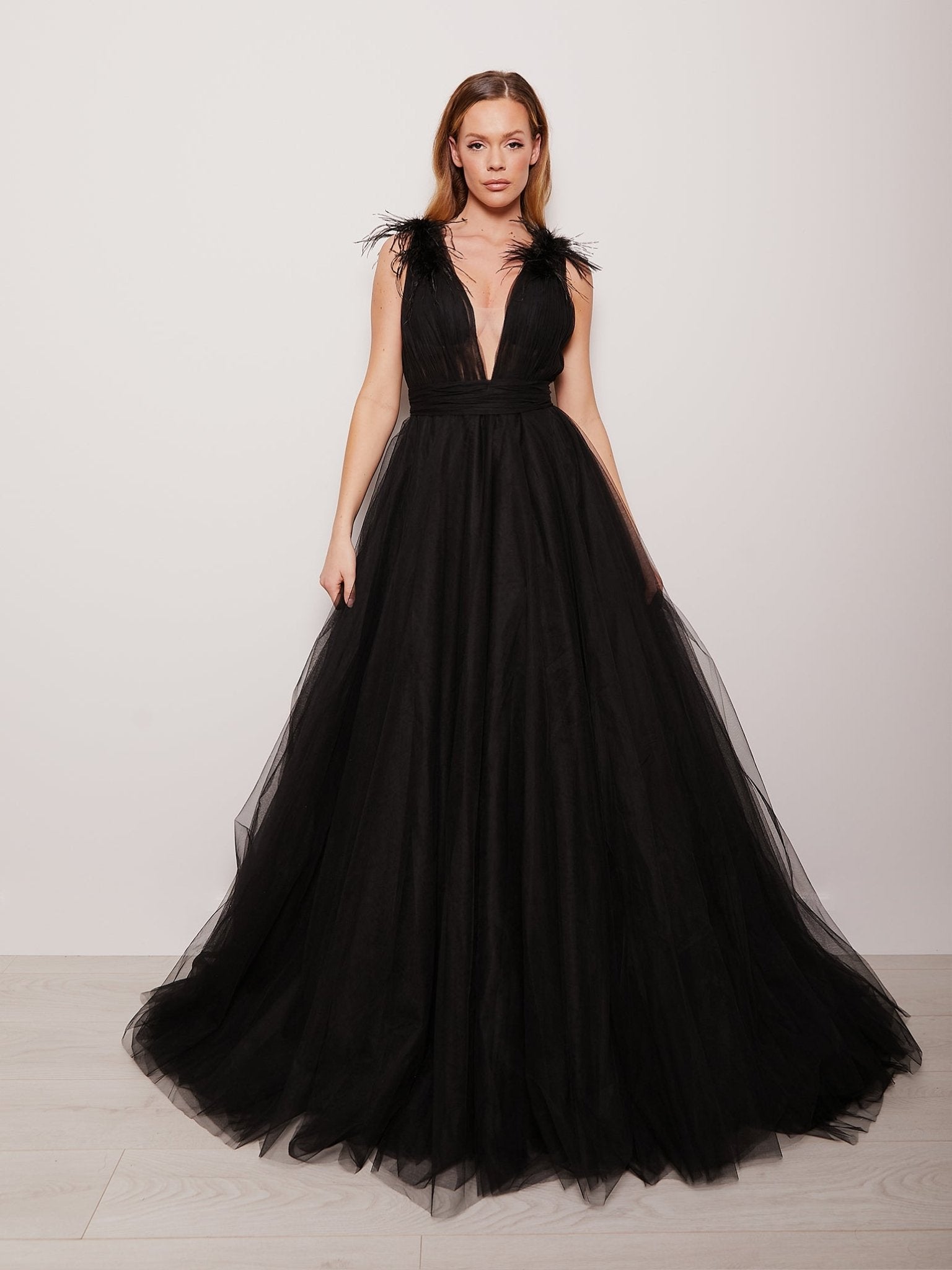 Isabelle - Black Feather Trim Shoulder Tulle Ballgown