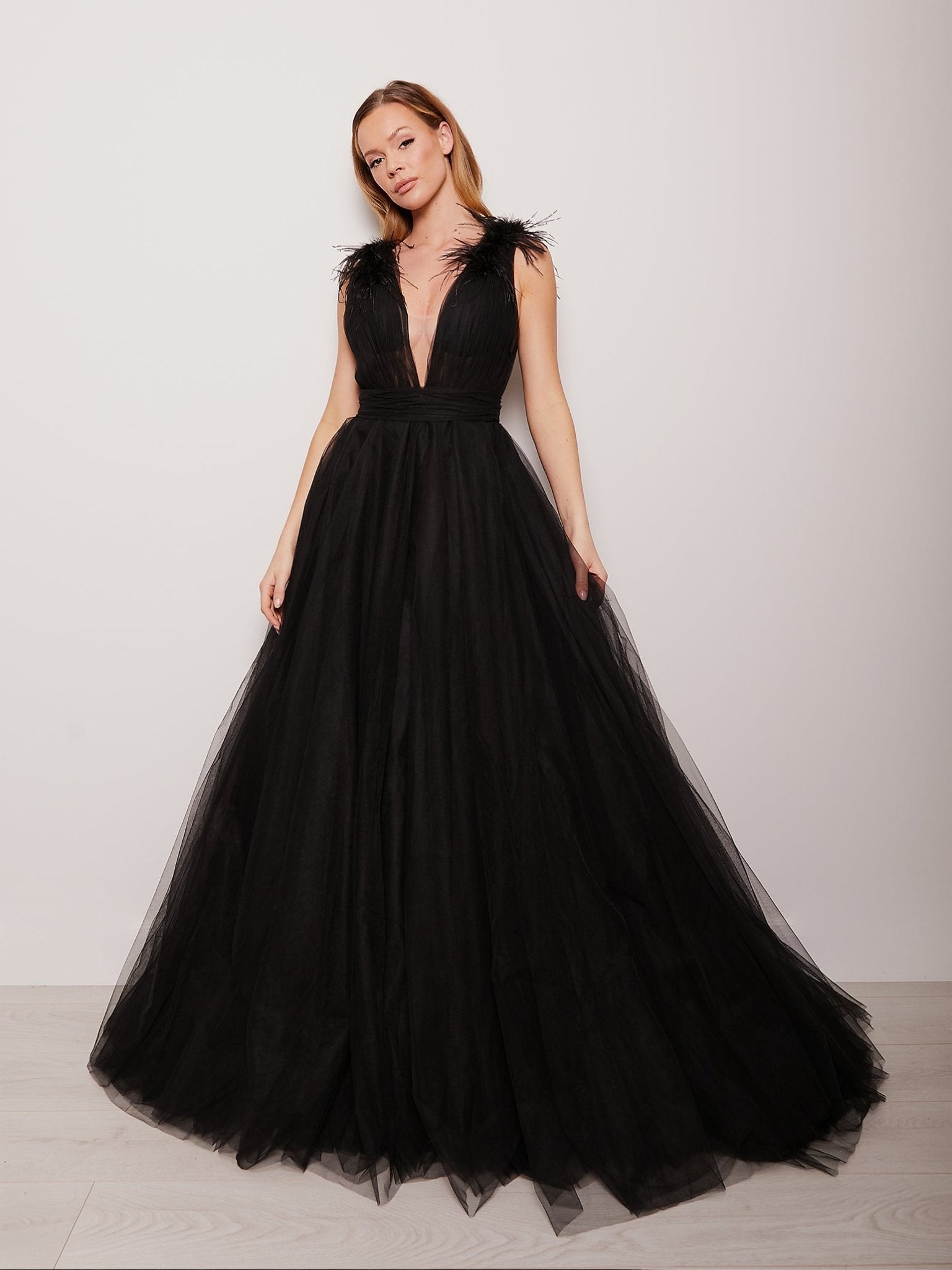 Isabelle - Black Feather Trim Shoulder Tulle Ballgown
