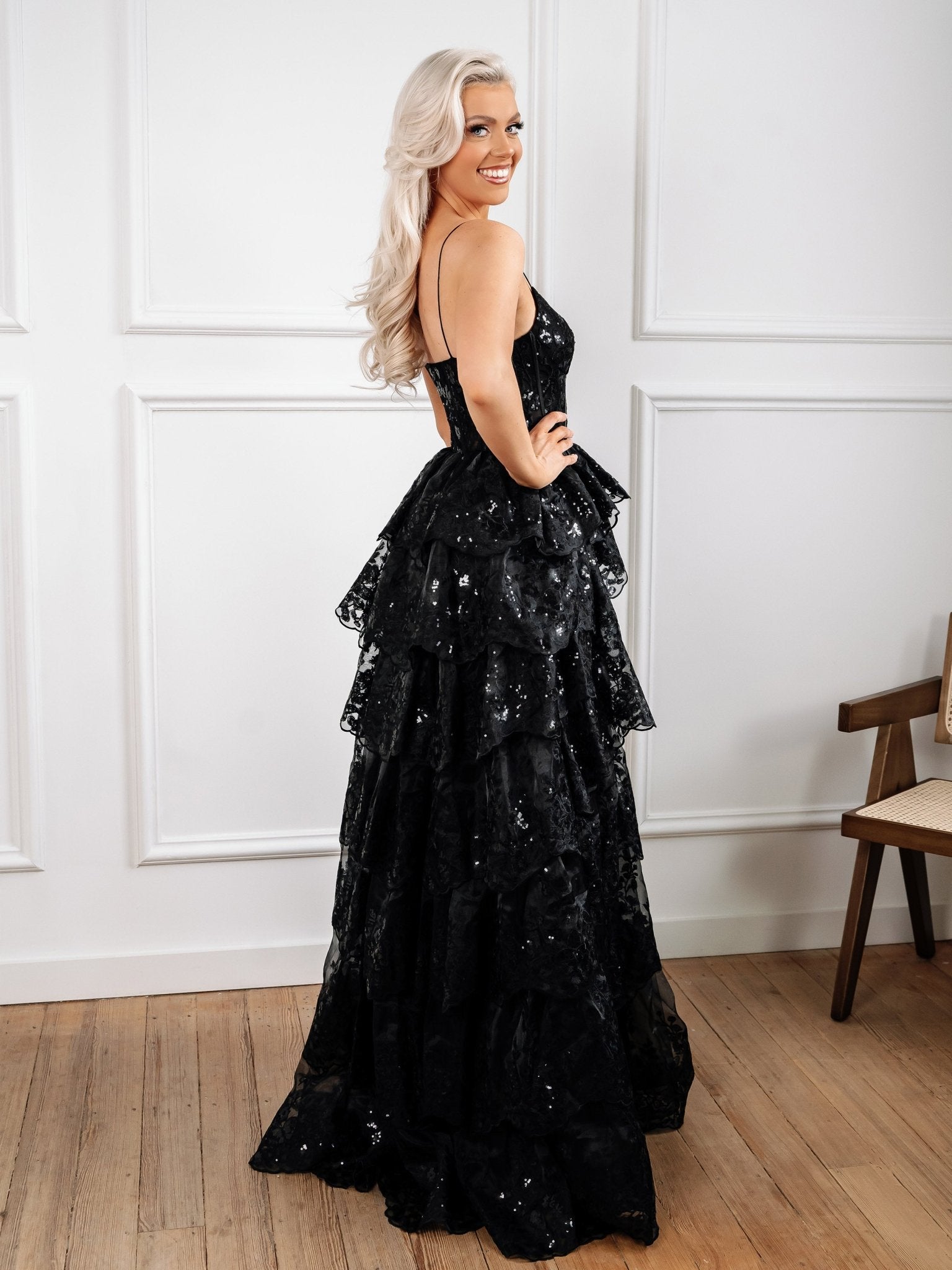 Jodie - Black Sequined Layered Prom Dress