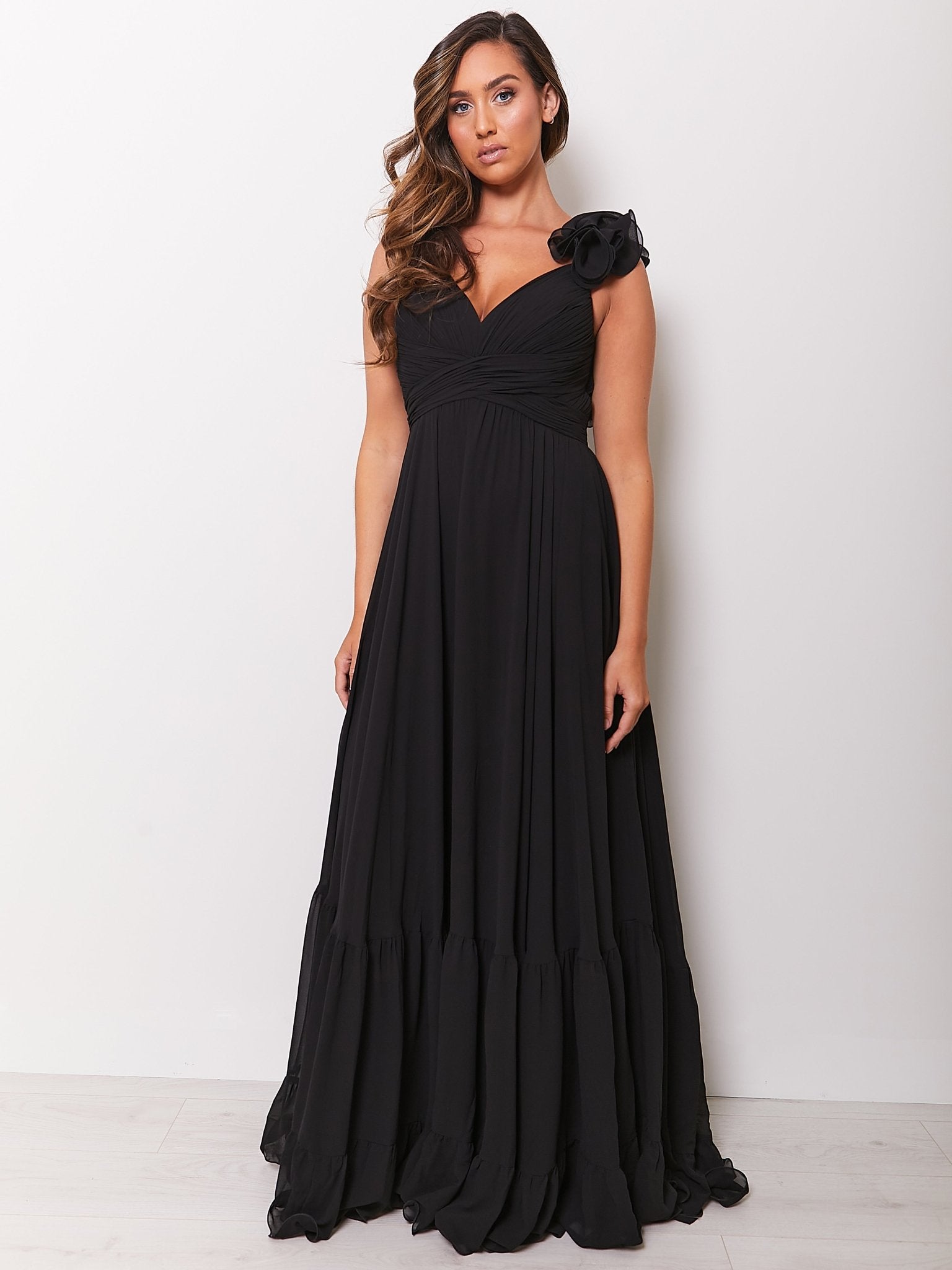 Katie - Black Chiffon Gown with Lace Up Back