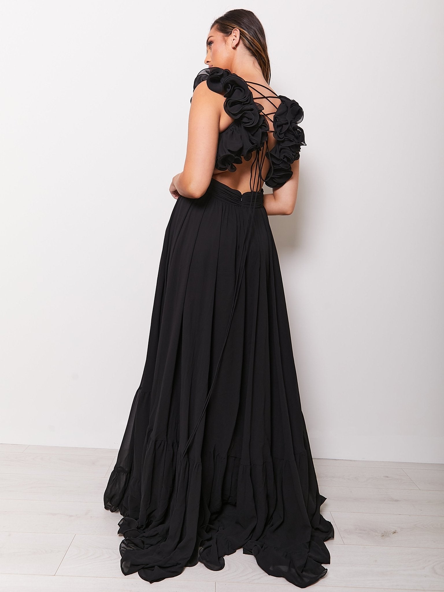 Katie - Black Chiffon Gown with Lace Up Back