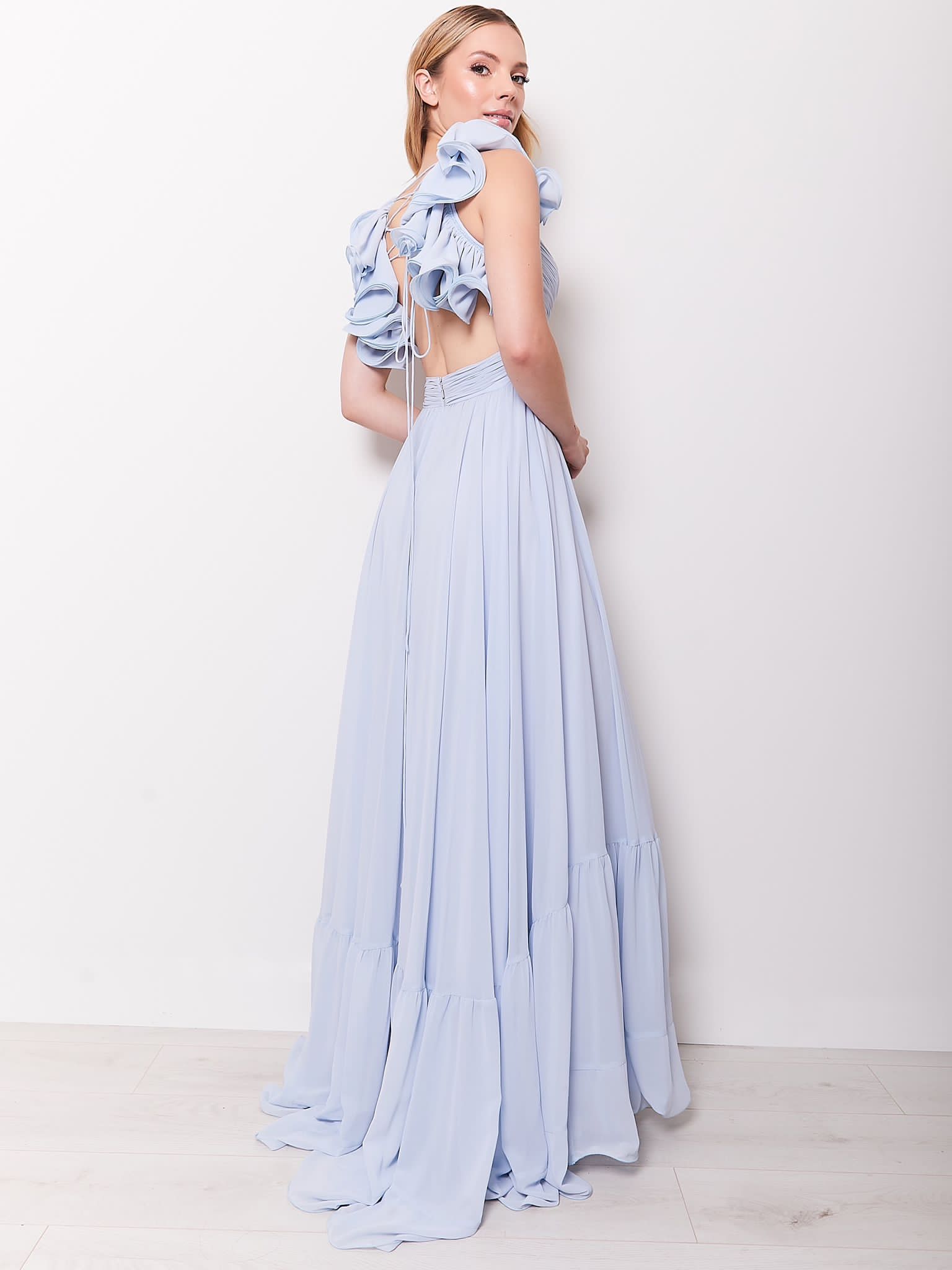 Katie - Light Blue Chiffon Gown with Lace Up Back
