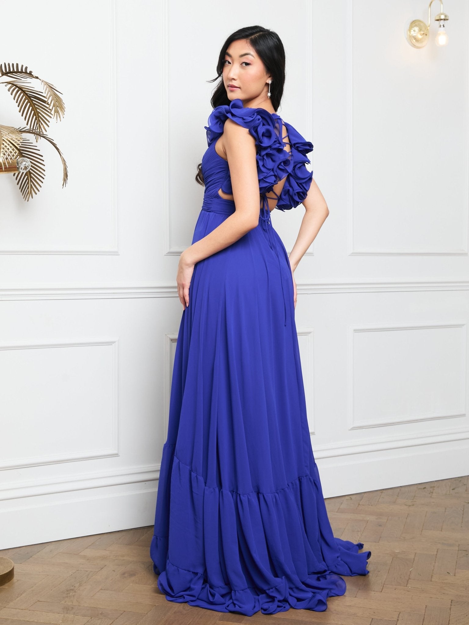 Katie - Royal Blue Chiffon Gown with Lace Up Back