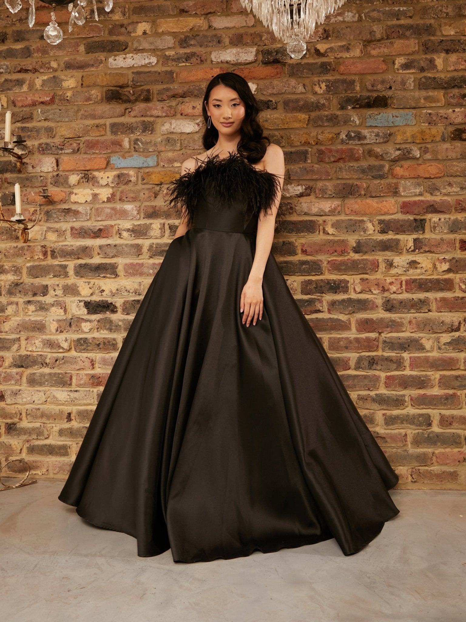 Lydia - Black Strapless Mikado Gown With Feather Trim