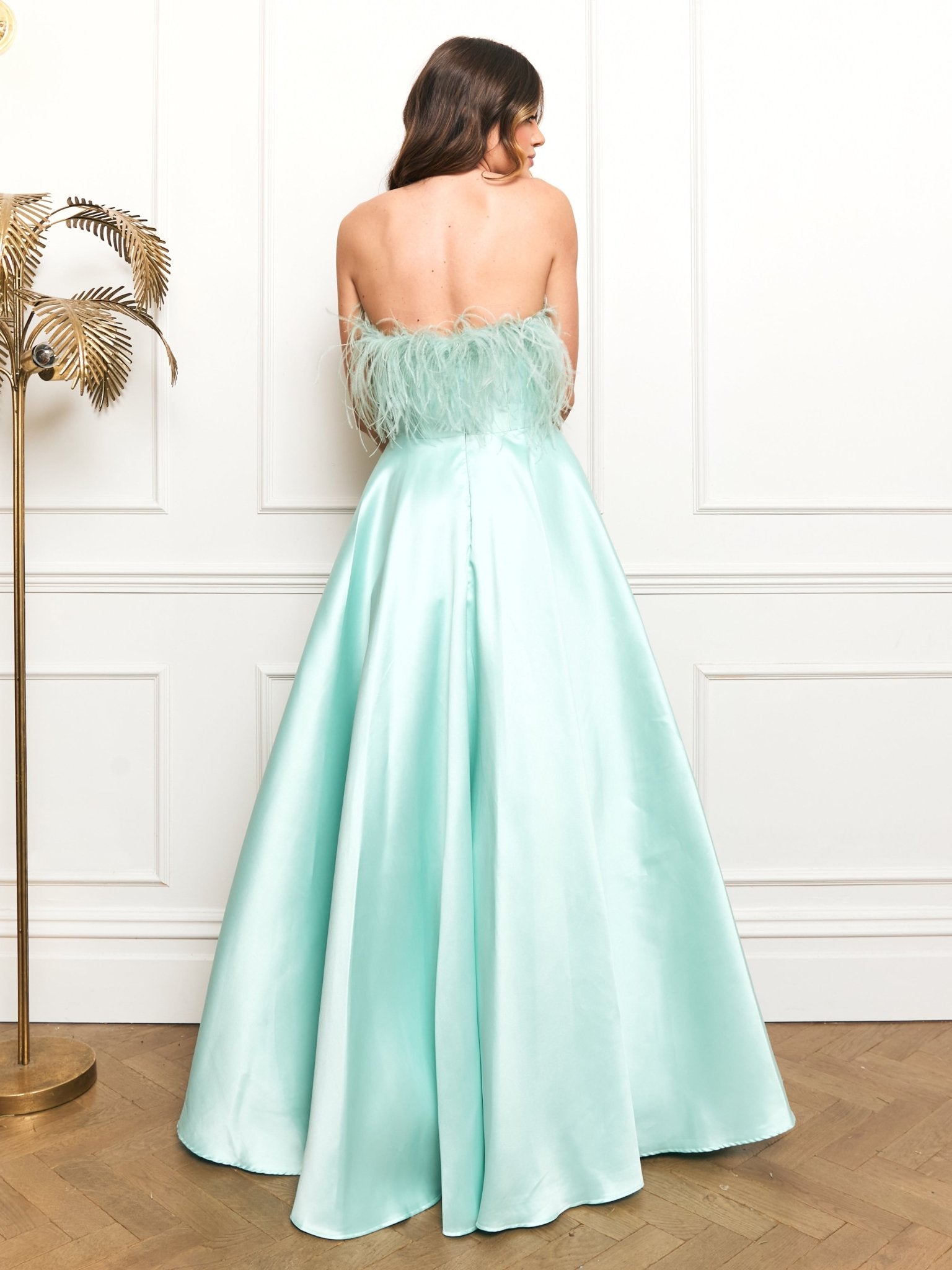 Lydia - Mint Strapless Mikado Gown With Feather Trim