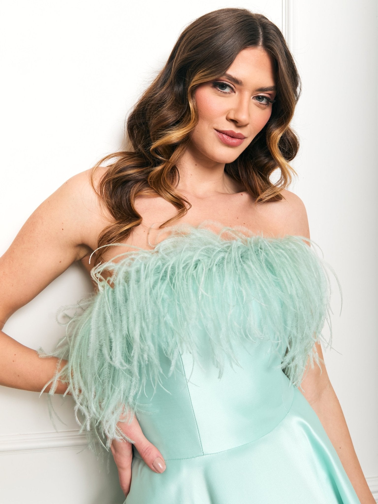 Lydia - Mint Strapless Mikado Gown With Feather Trim