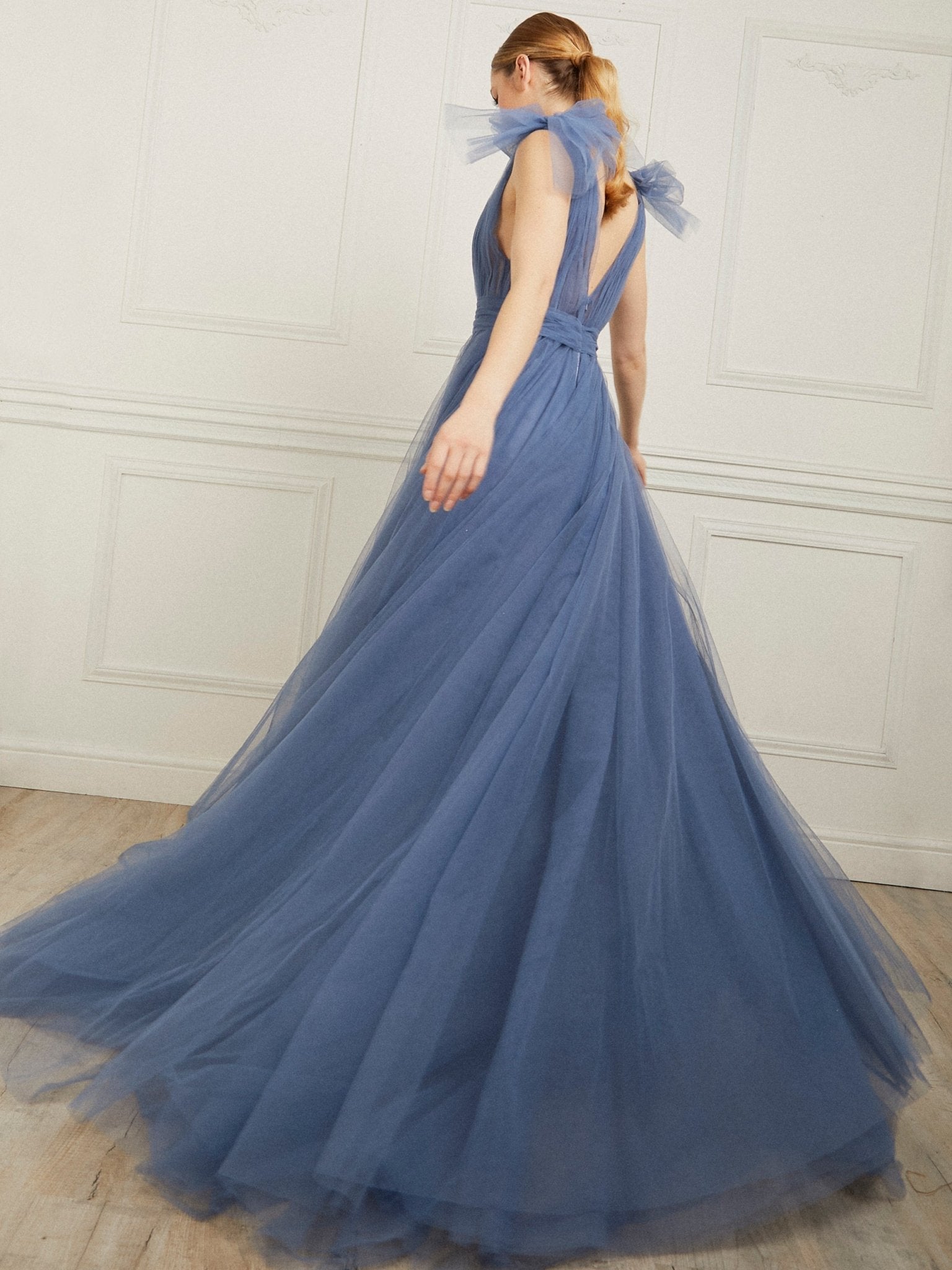 Melania - Steel Blue Sophisticated Shoulder Detail Dress