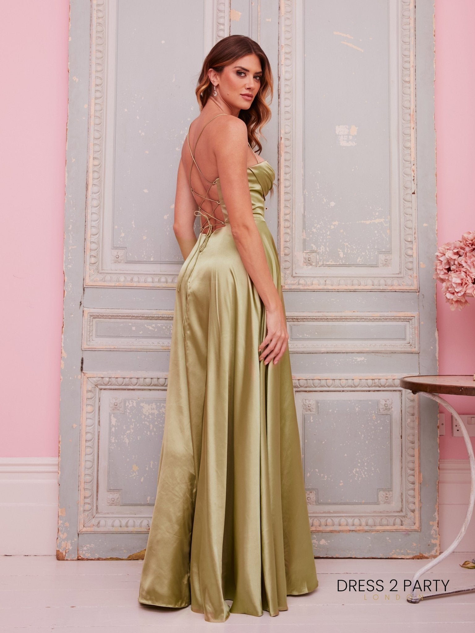 Petra - Sage Satin Wrap Dress With Beaded Corset
