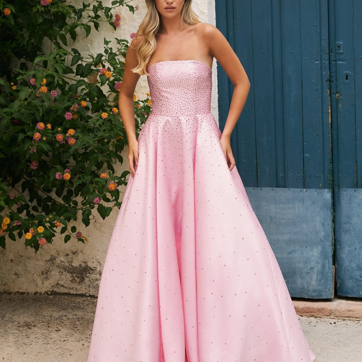 open lace back dress Light Pink Strapless Organza Prom Dress with Rosette Appliqué – FD5190 –  Viniodress
