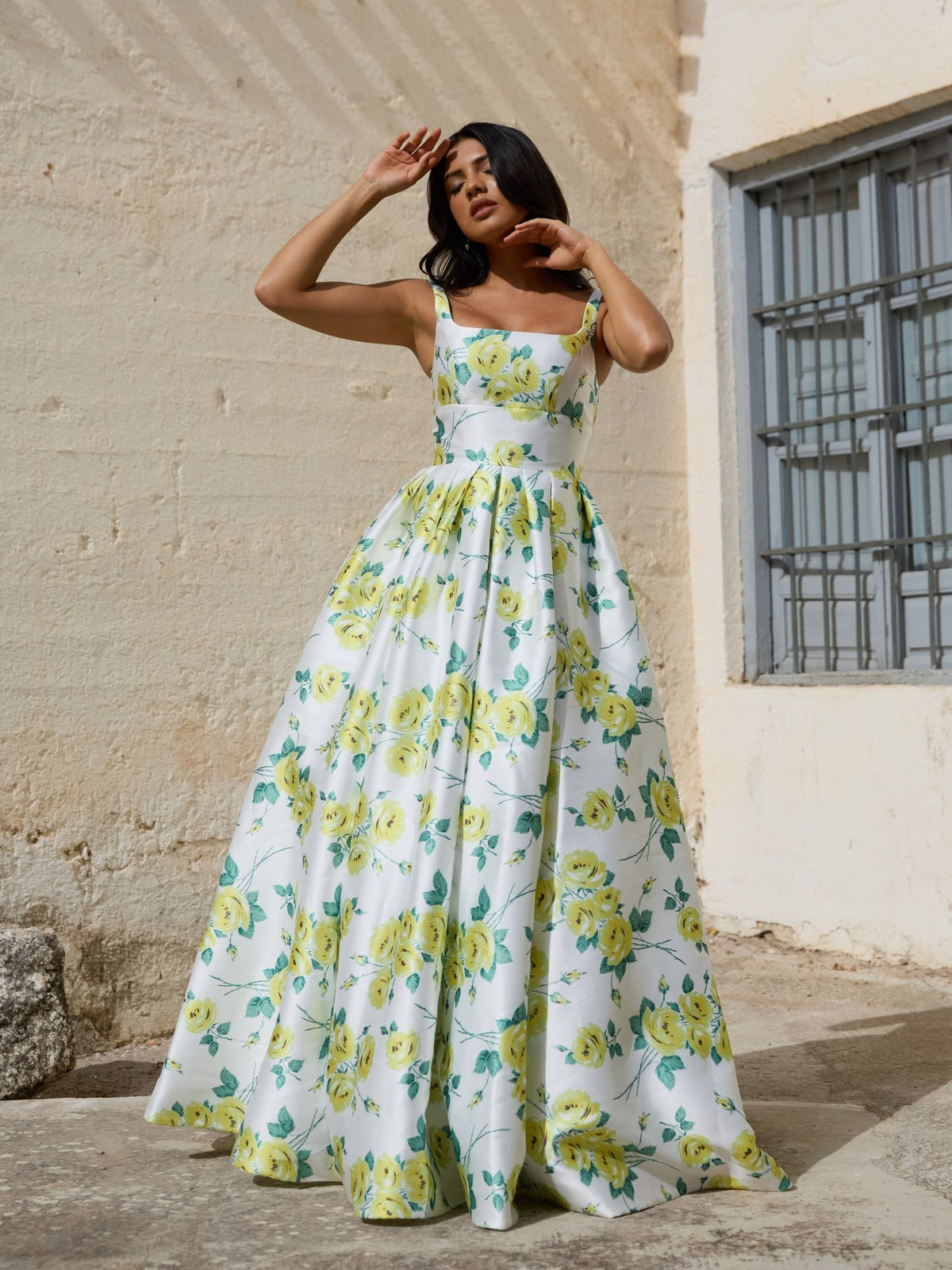 Abi - Yellow Floral Square Neck Bridgeton style Ballgown