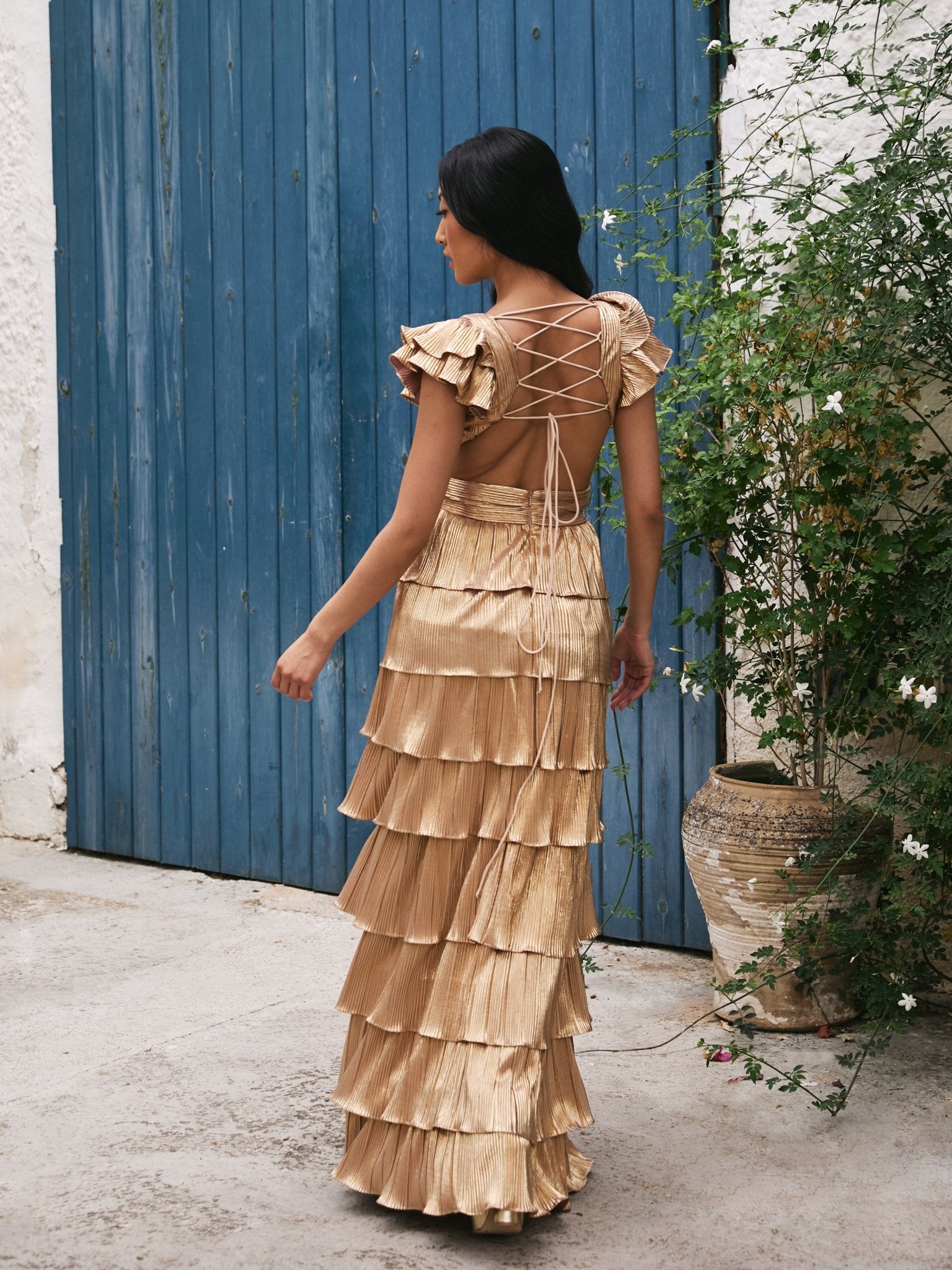 Alexandra - Open Back Metallic Gold Tiered Dress - Dress 2 Party