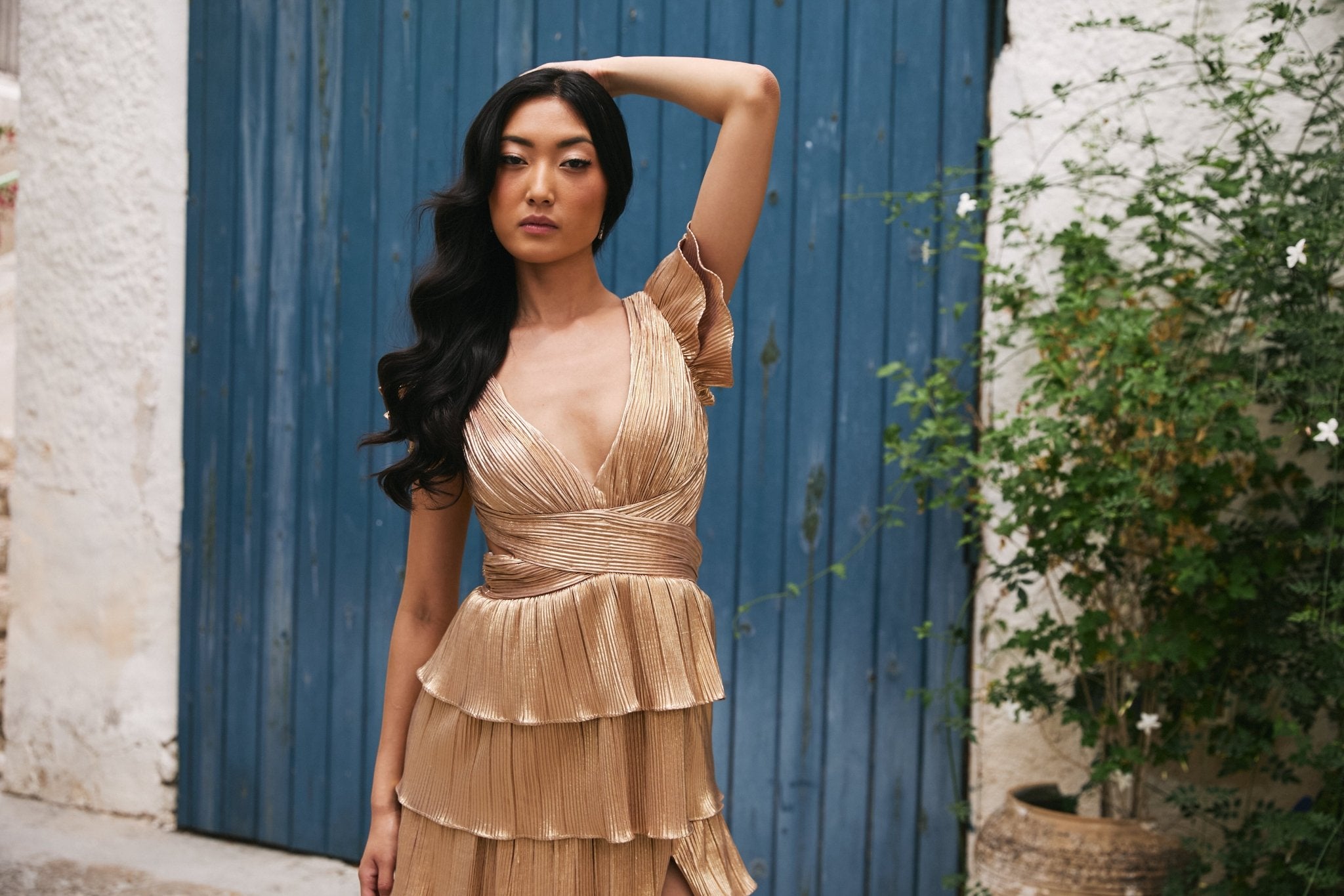Alexandra - Open Back Metallic Gold Tiered Dress - Dress 2 Party