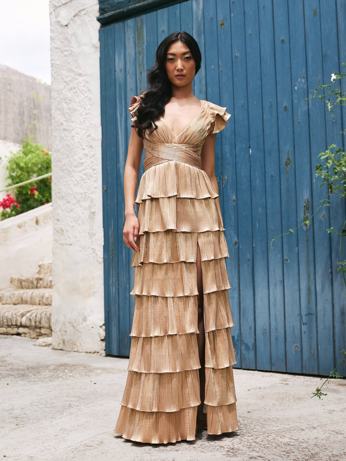 Alexandra - Open Back Metallic Gold Tiered Dress