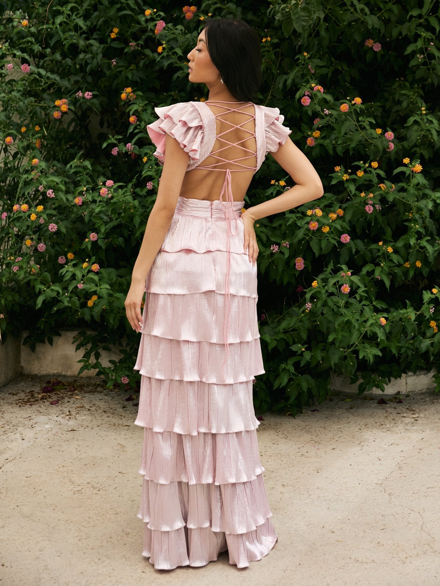 Alexandra - Open Back Pink Tiered Dress