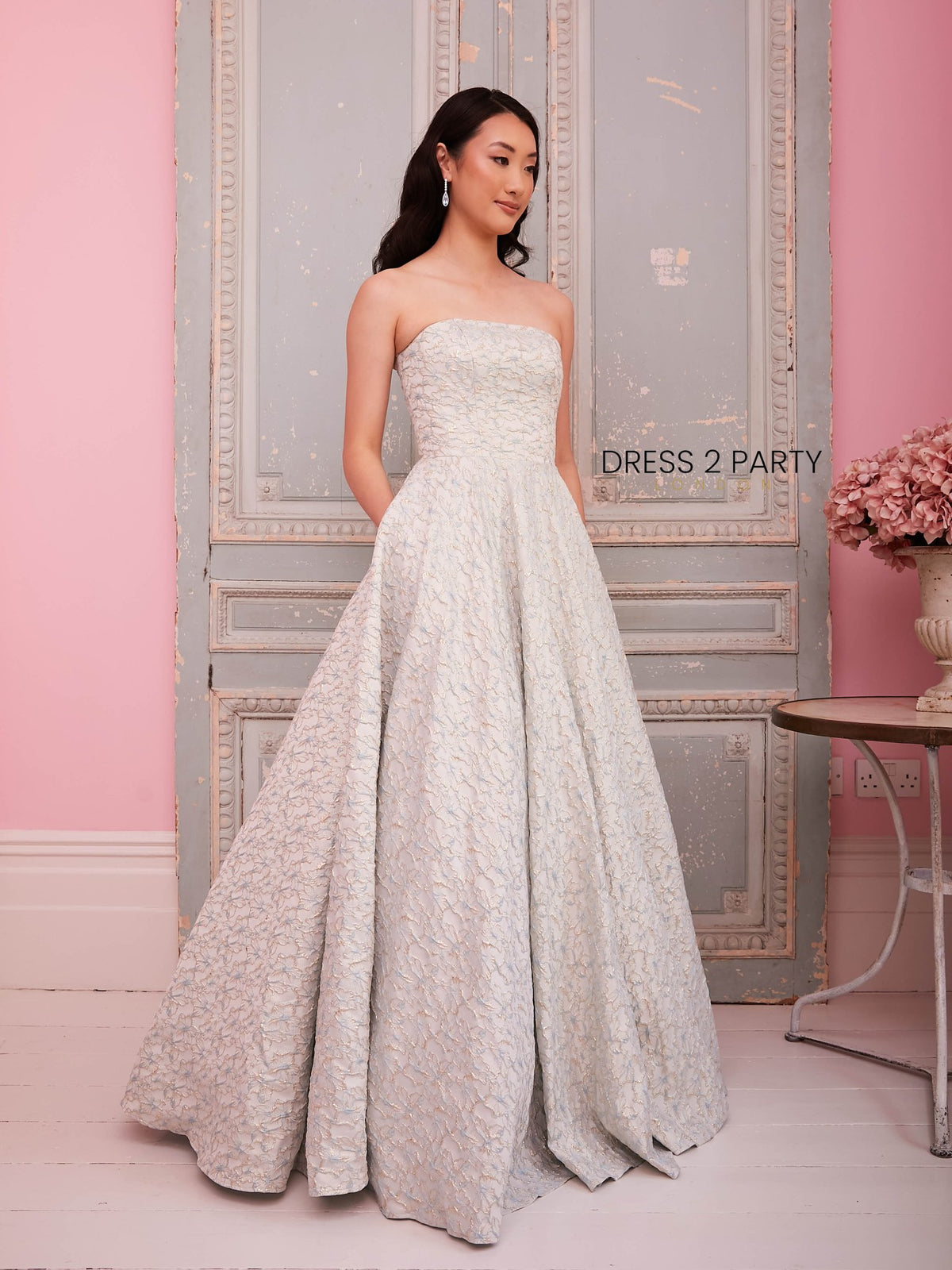 Amanda - Light Blue Strapless Jaquard Ball Gown With Full Skirt