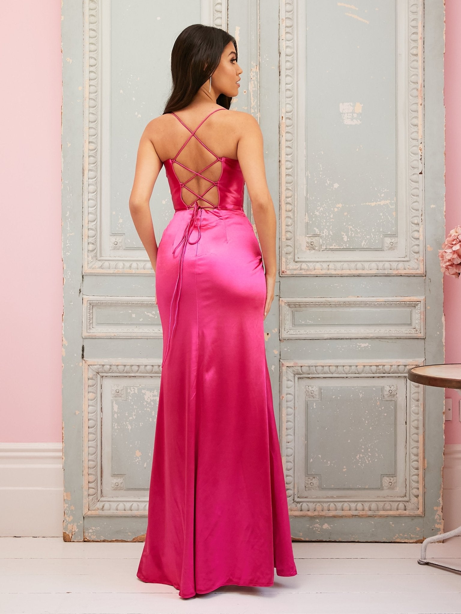 Charlie - Hot Pink Corset Style Gown with Draped Neckline