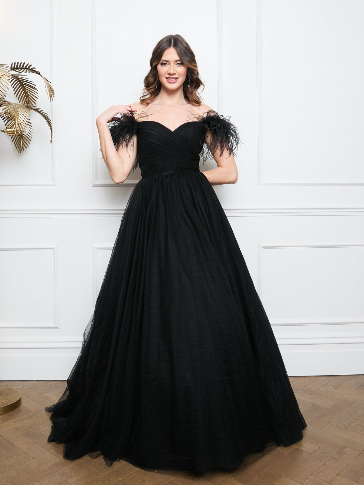 Cindy - Black Feather & Tulle Bardot Ballgown