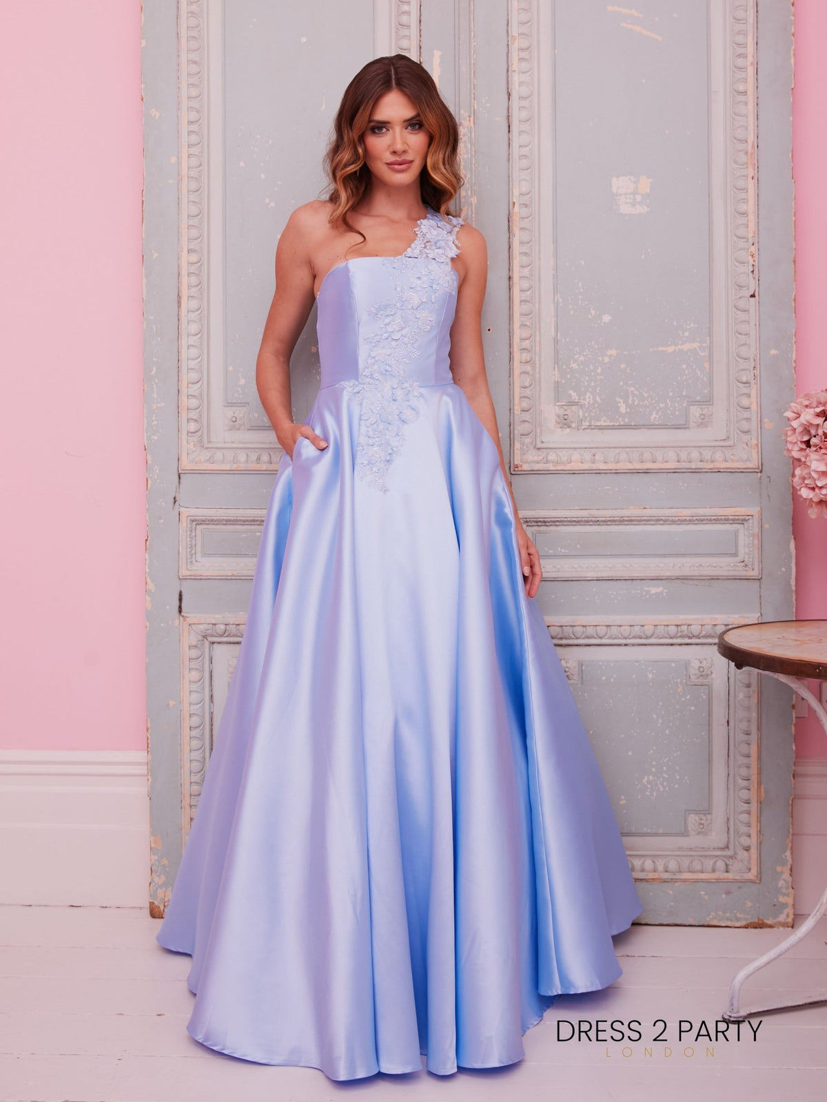 Colette - Light Blue One Shoulder Mikado Ballgown With Pockets