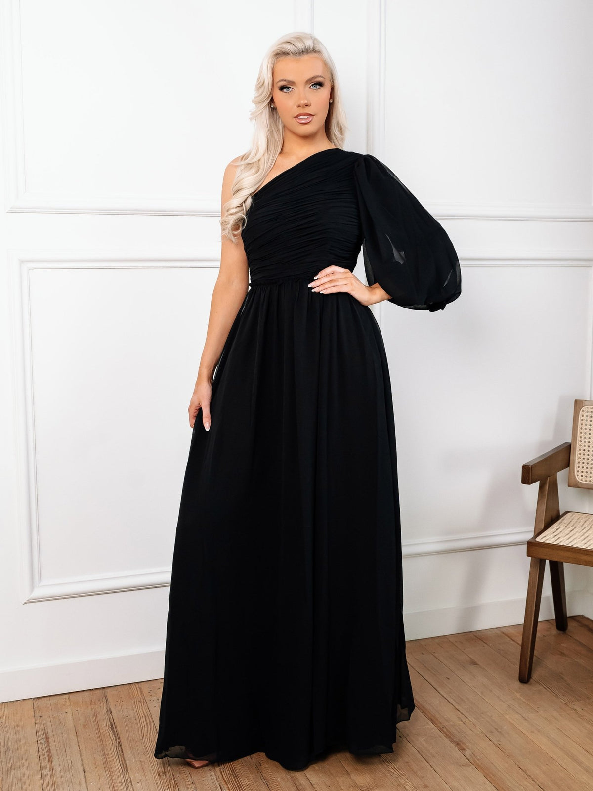 Etta - Black One Sleeve Chiffon Gown