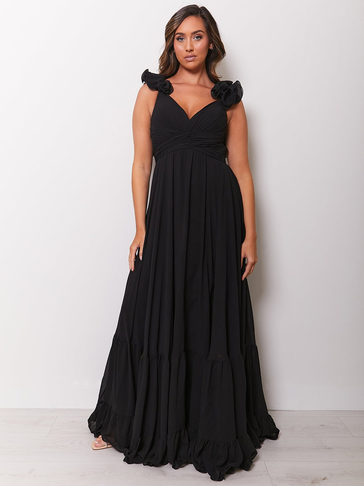 Katie - Black Chiffon Gown with Lace Up Back