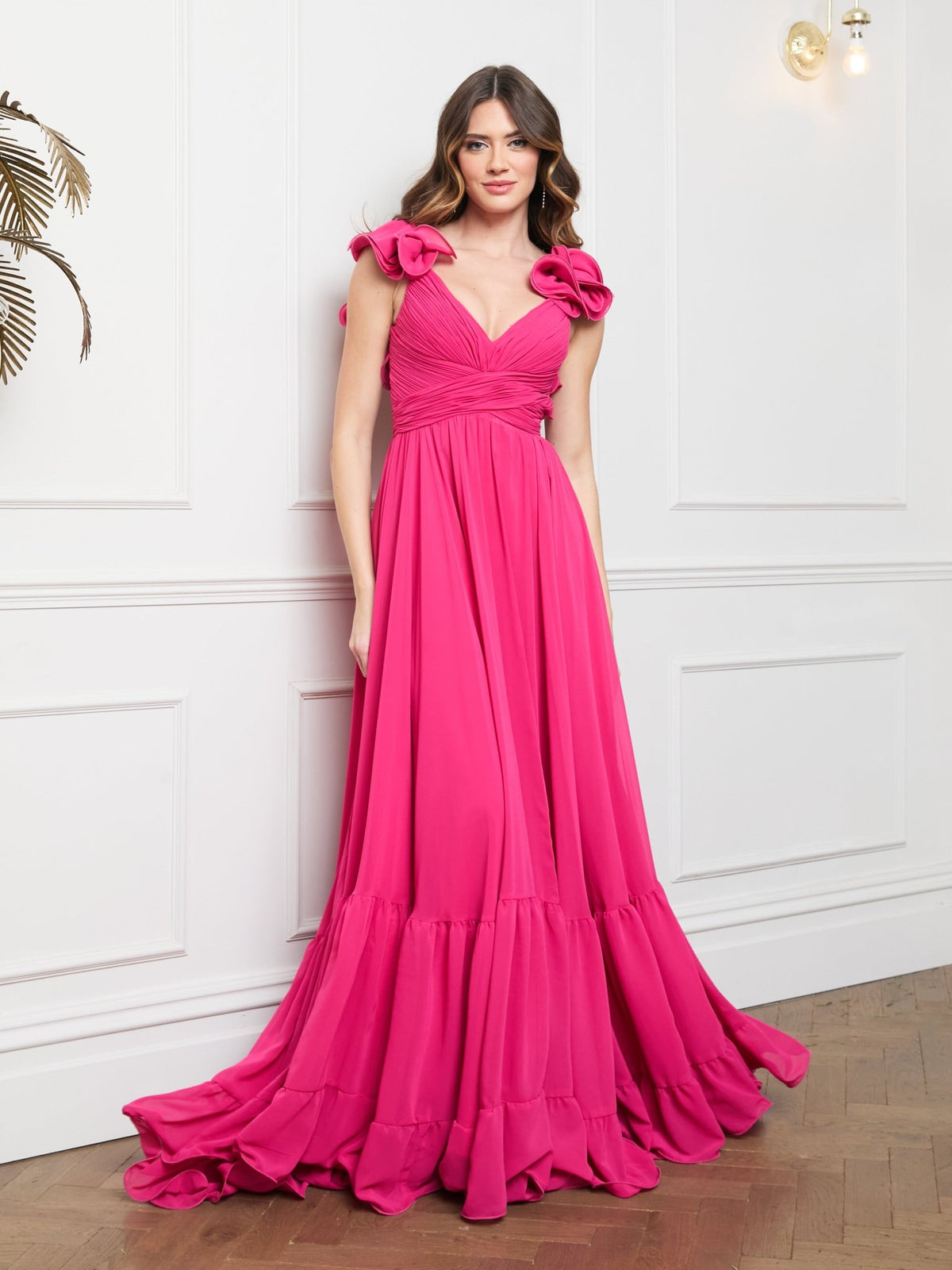 Katie - Hot Pink Chiffon Gown with Lace Up Back