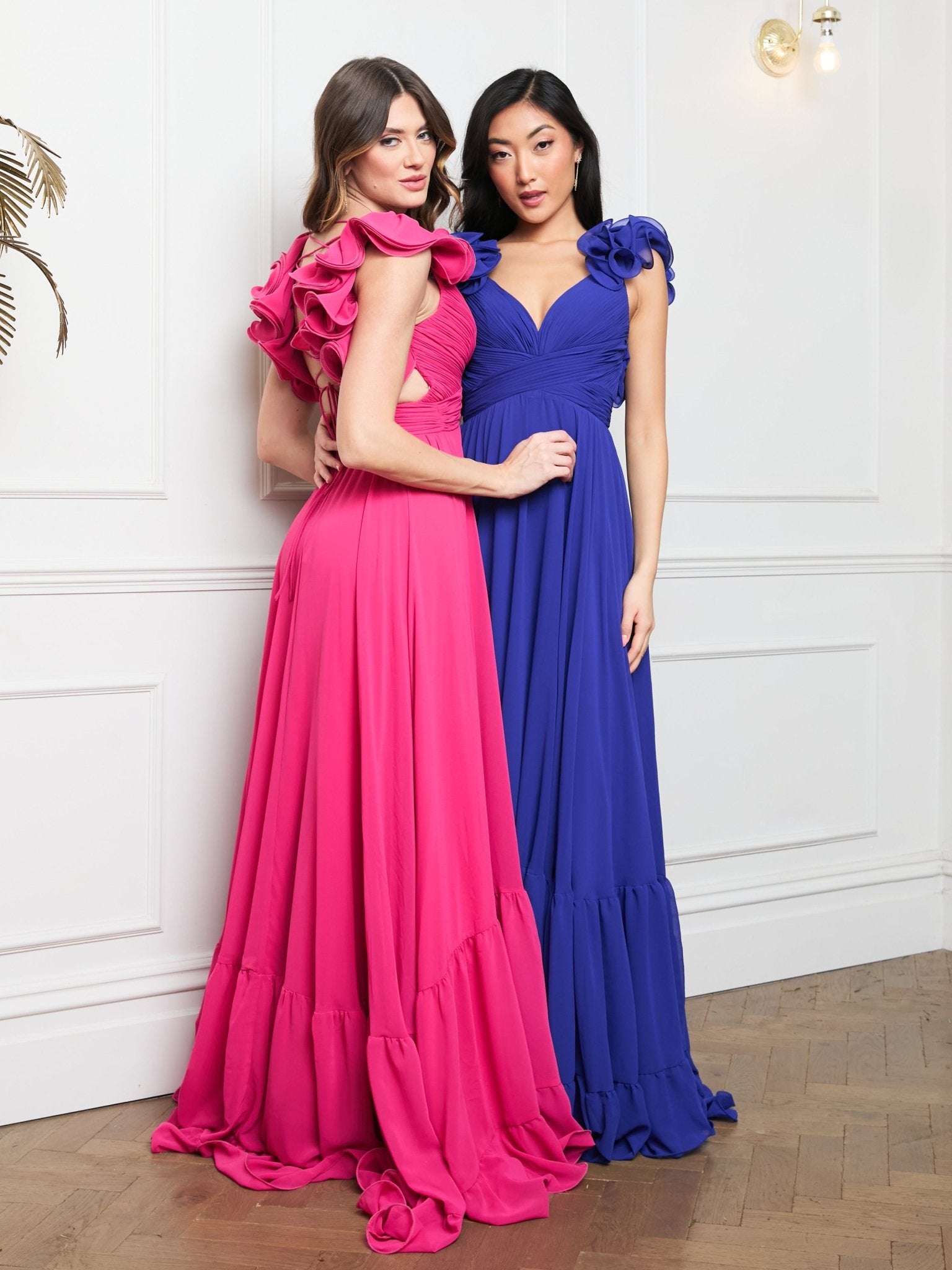 Katie - Hot Pink Chiffon Gown with Lace Up Back