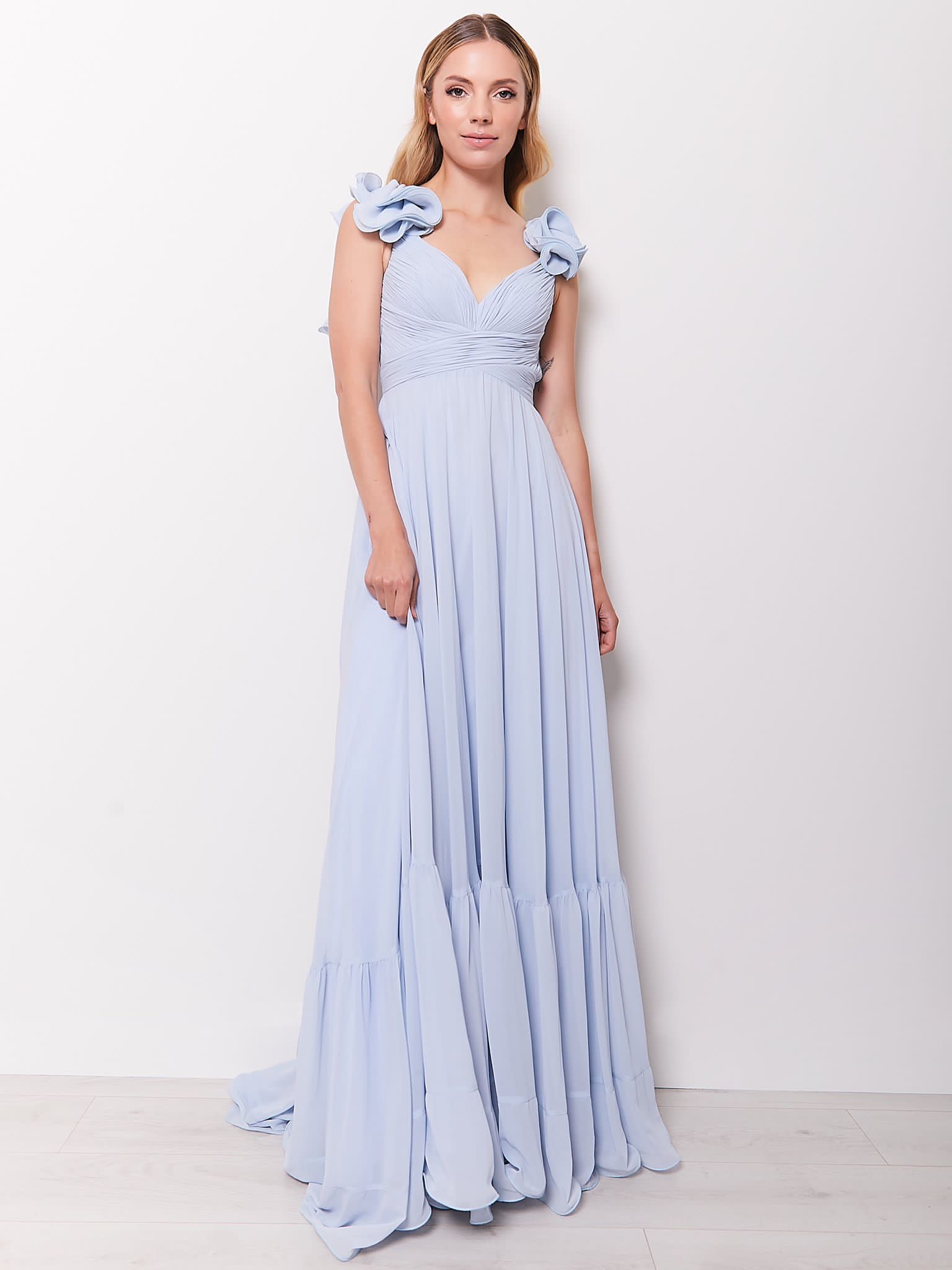 Katie - Light Blue Chiffon Gown with Lace Up Back