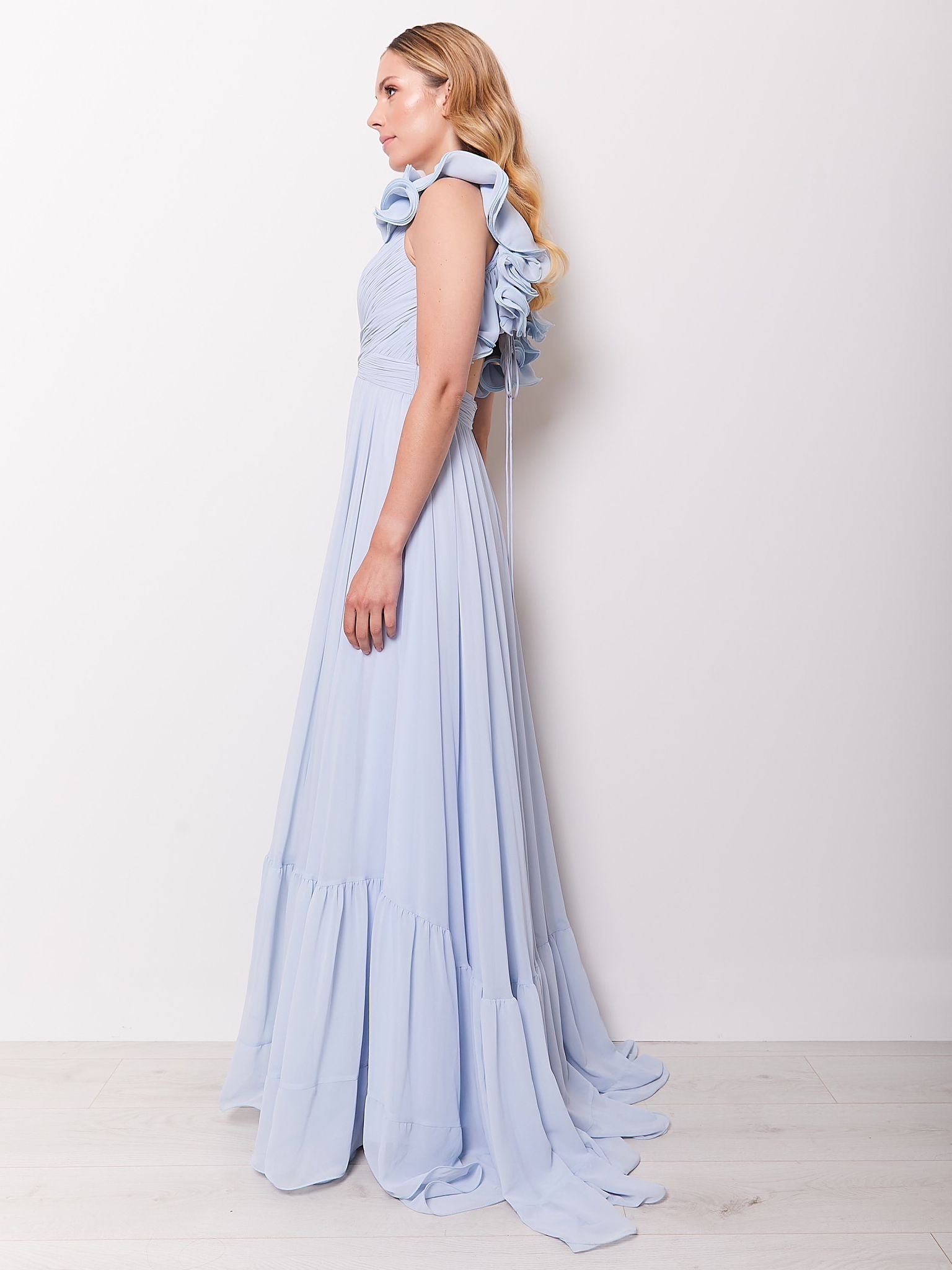 Katie - Light Blue Chiffon Gown with Lace Up Back