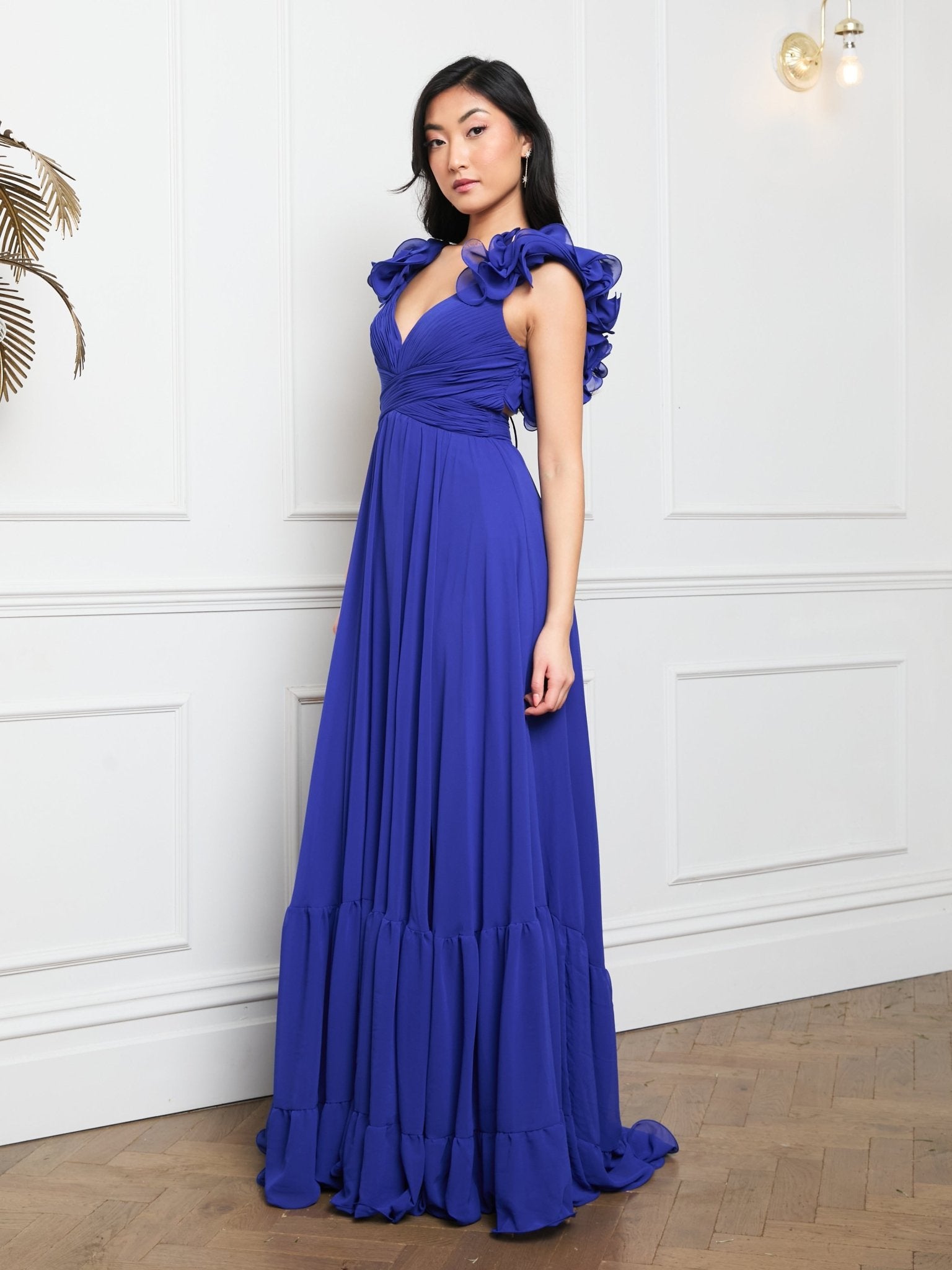 Katie - Royal Blue Chiffon Gown with Lace Up Back