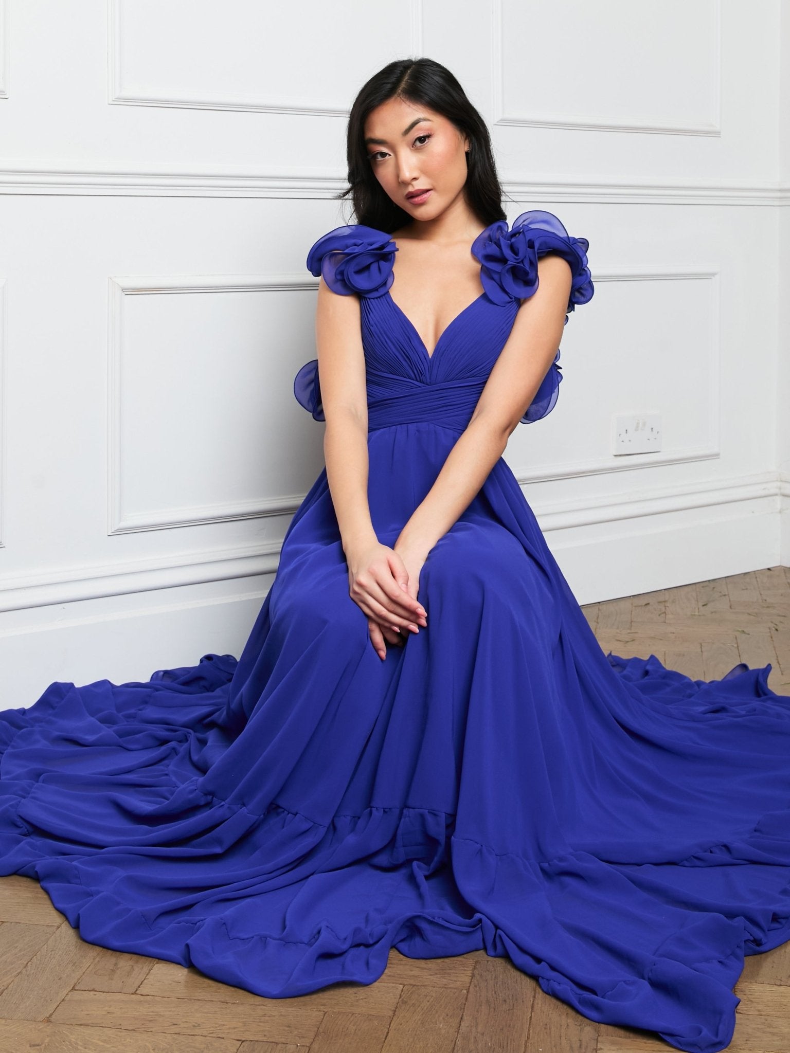 Katie - Royal Blue Chiffon Gown with Lace Up Back