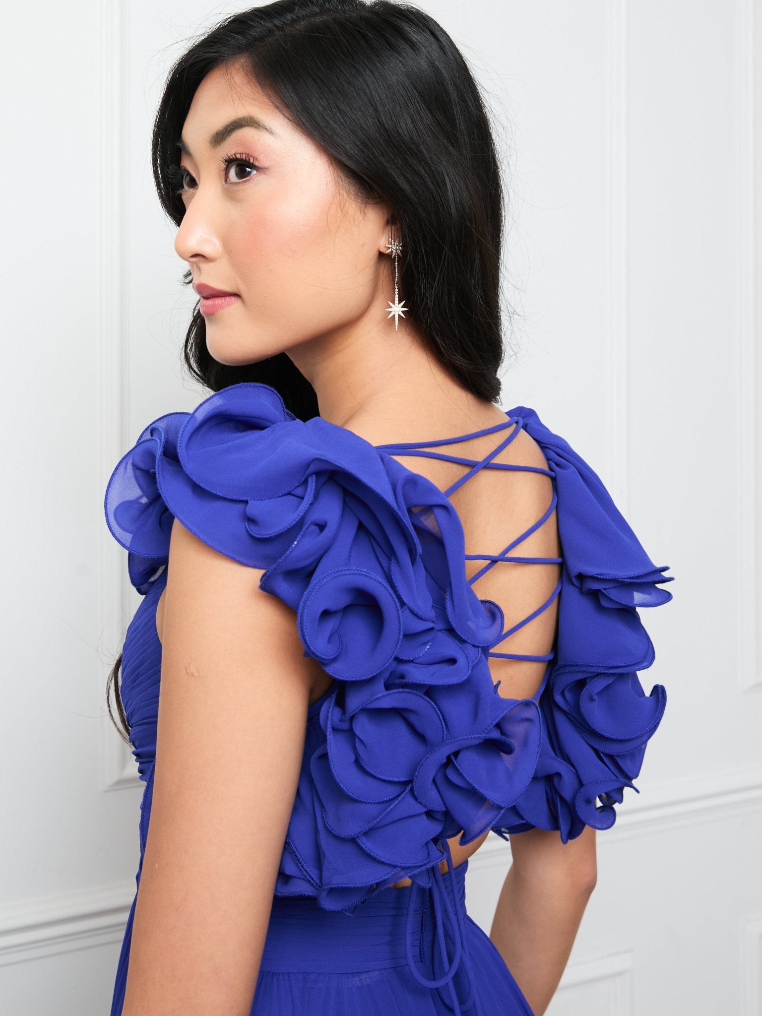 Katie - Royal Blue Chiffon Gown with Lace Up Back