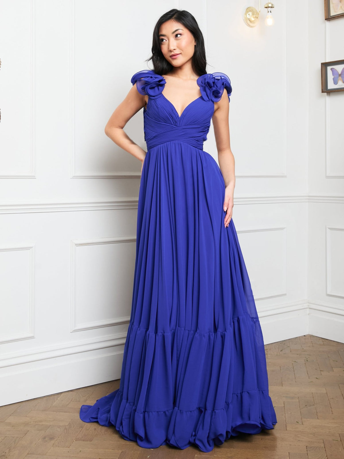Katie - Royal Blue Chiffon Gown with Lace Up Back