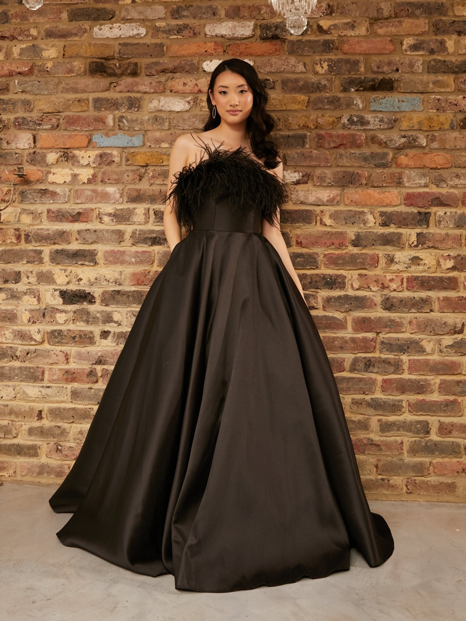 Lydia - Black Strapless Mikado Gown With Feather Trim