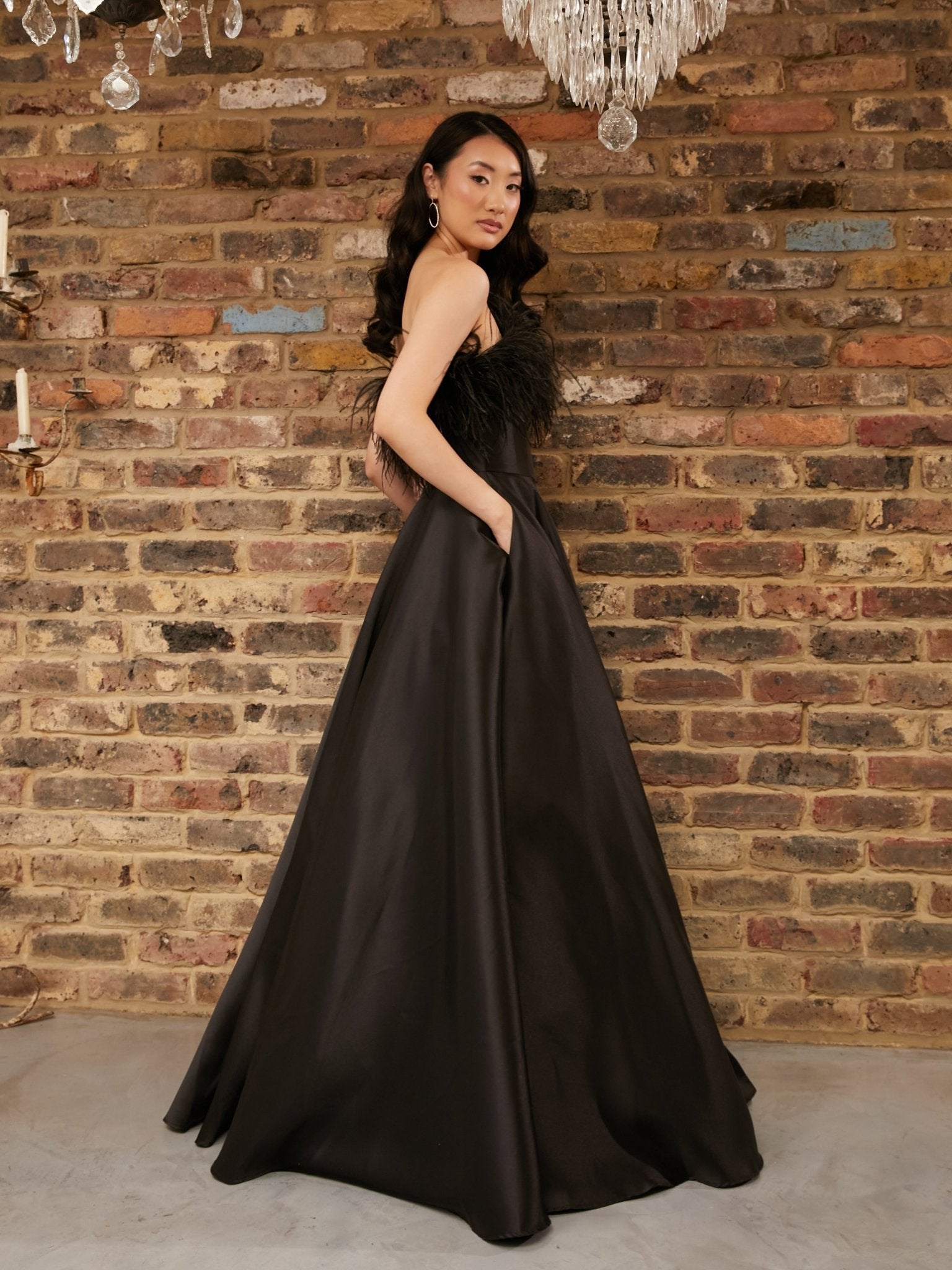 Lydia - Black Strapless Mikado Gown With Feather Trim