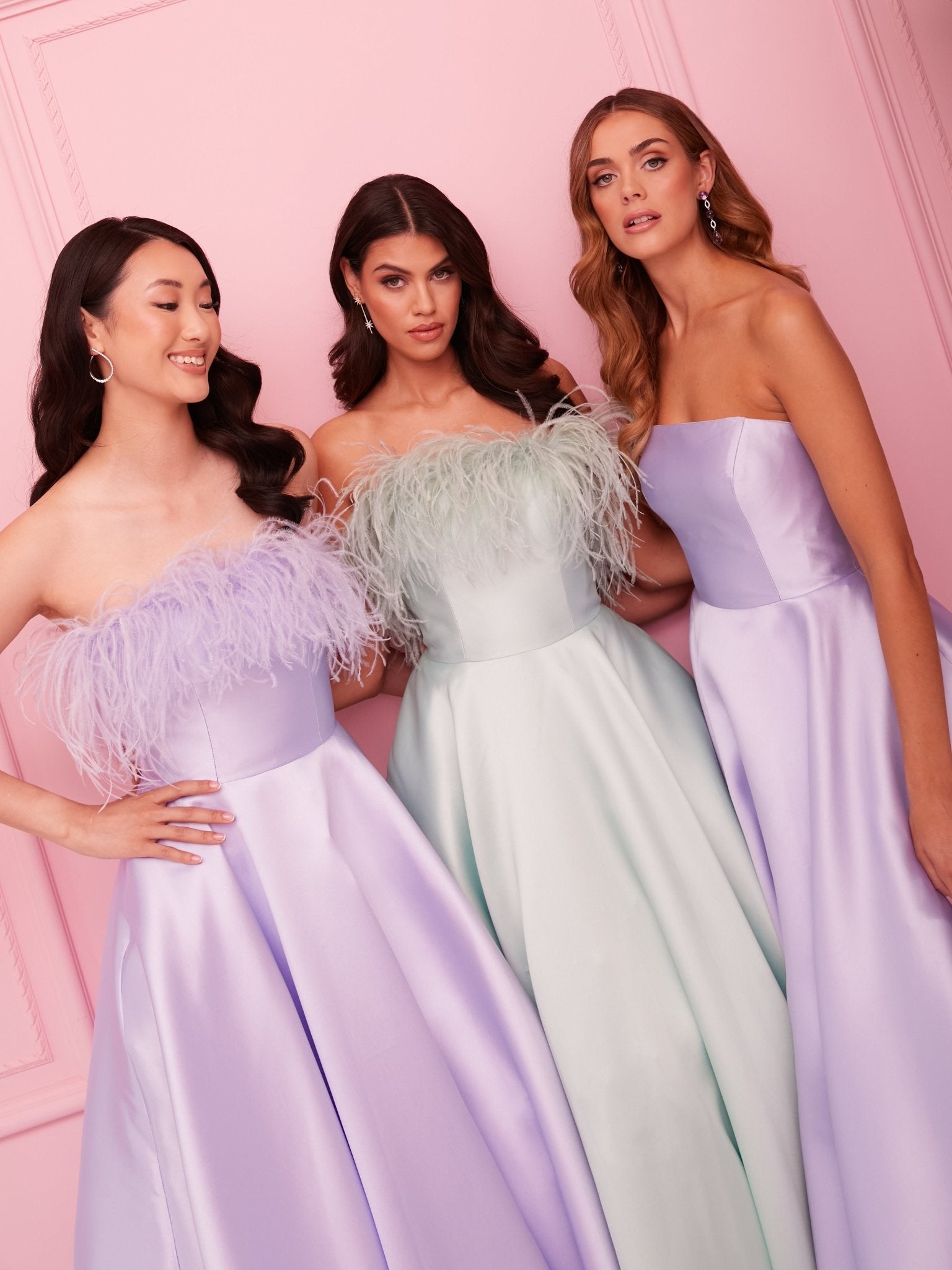 Lydia - Lilac Strapless Mikado Gown With Feather Trim