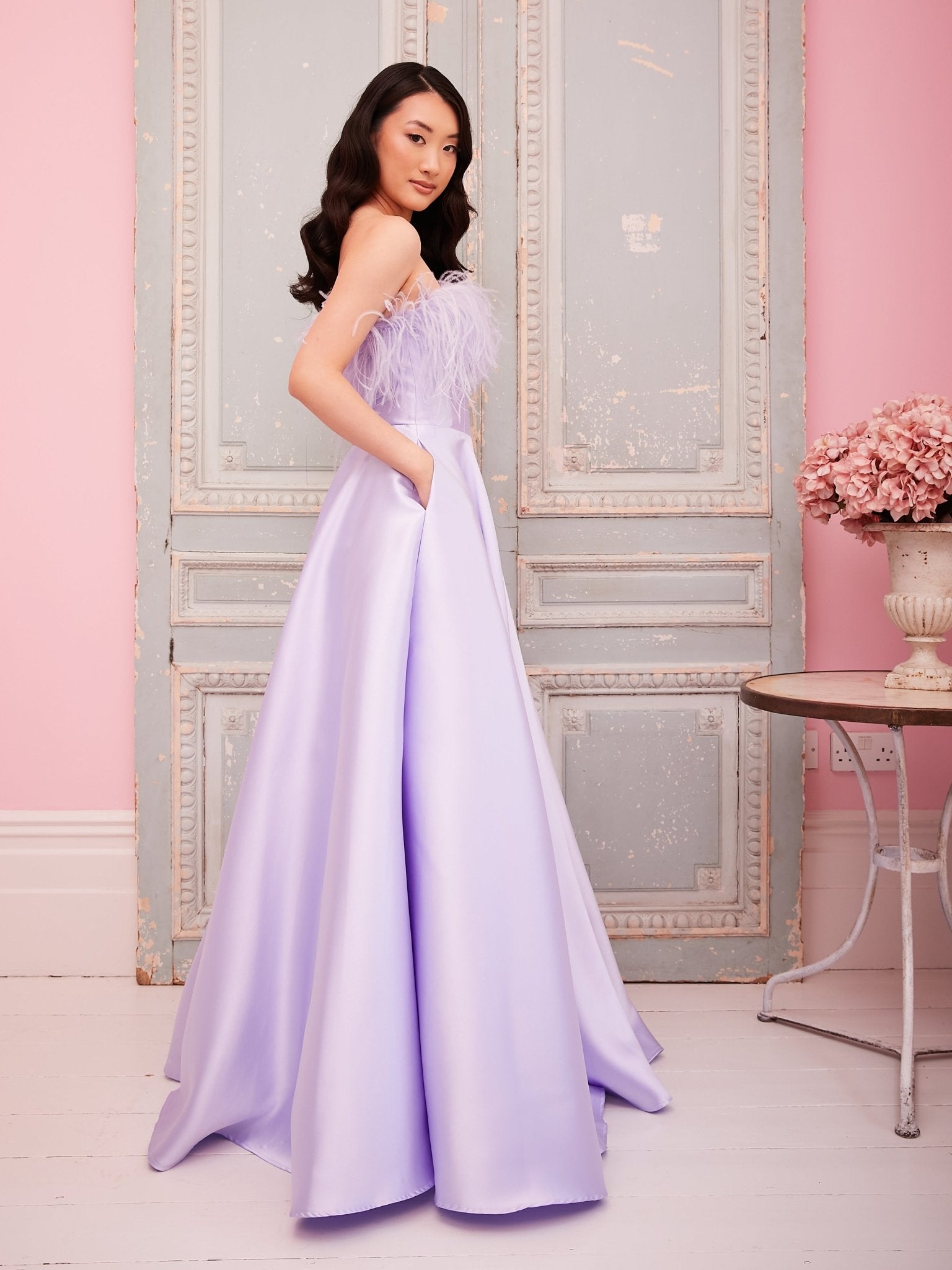 Lydia - Lilac Strapless Mikado Gown With Feather Trim