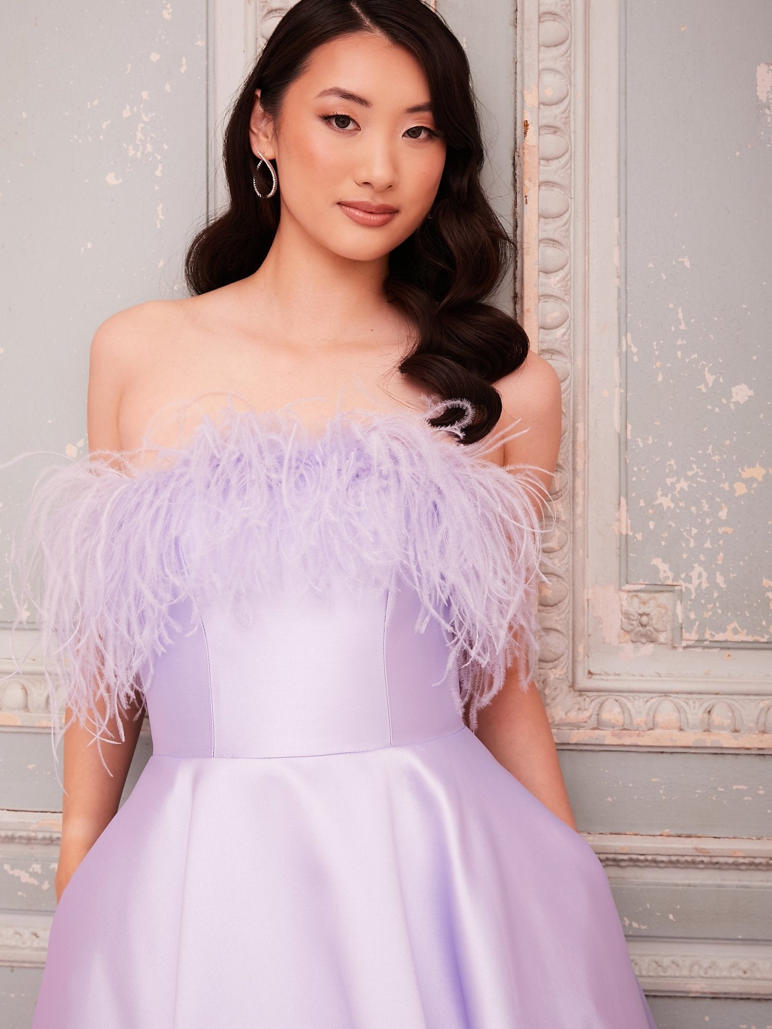 Lydia - Lilac Strapless Mikado Gown With Feather Trim