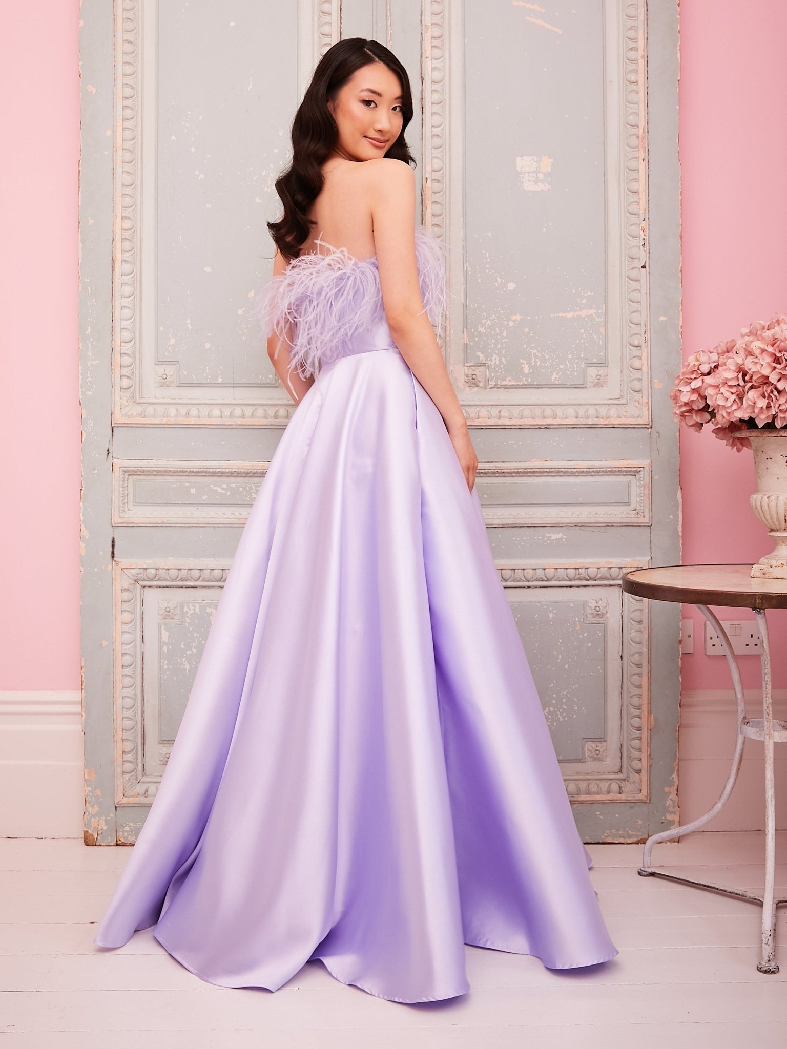 Lydia - Lilac Strapless Mikado Gown With Feather Trim