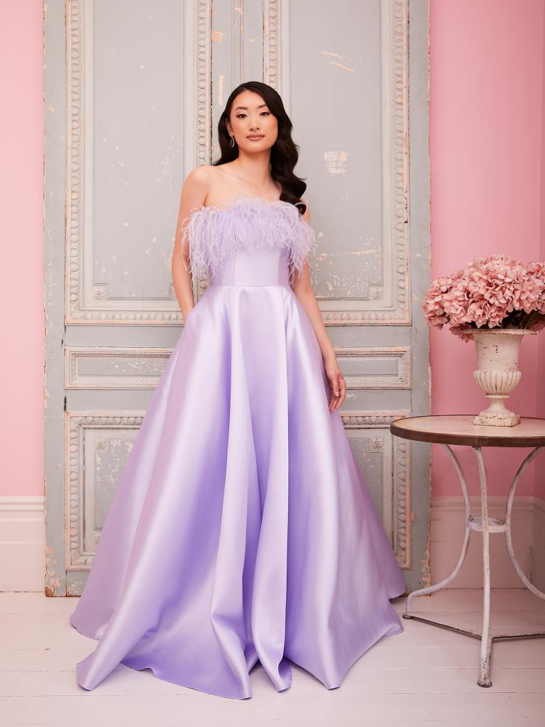 Lydia - Lilac Strapless Mikado Gown with Feather Trim Lilac / US12 UK16 / Rubber Lydia - Lilac Strapless Mikado Gown with Feather Trim Lilac / US12 UK16 / Rubber