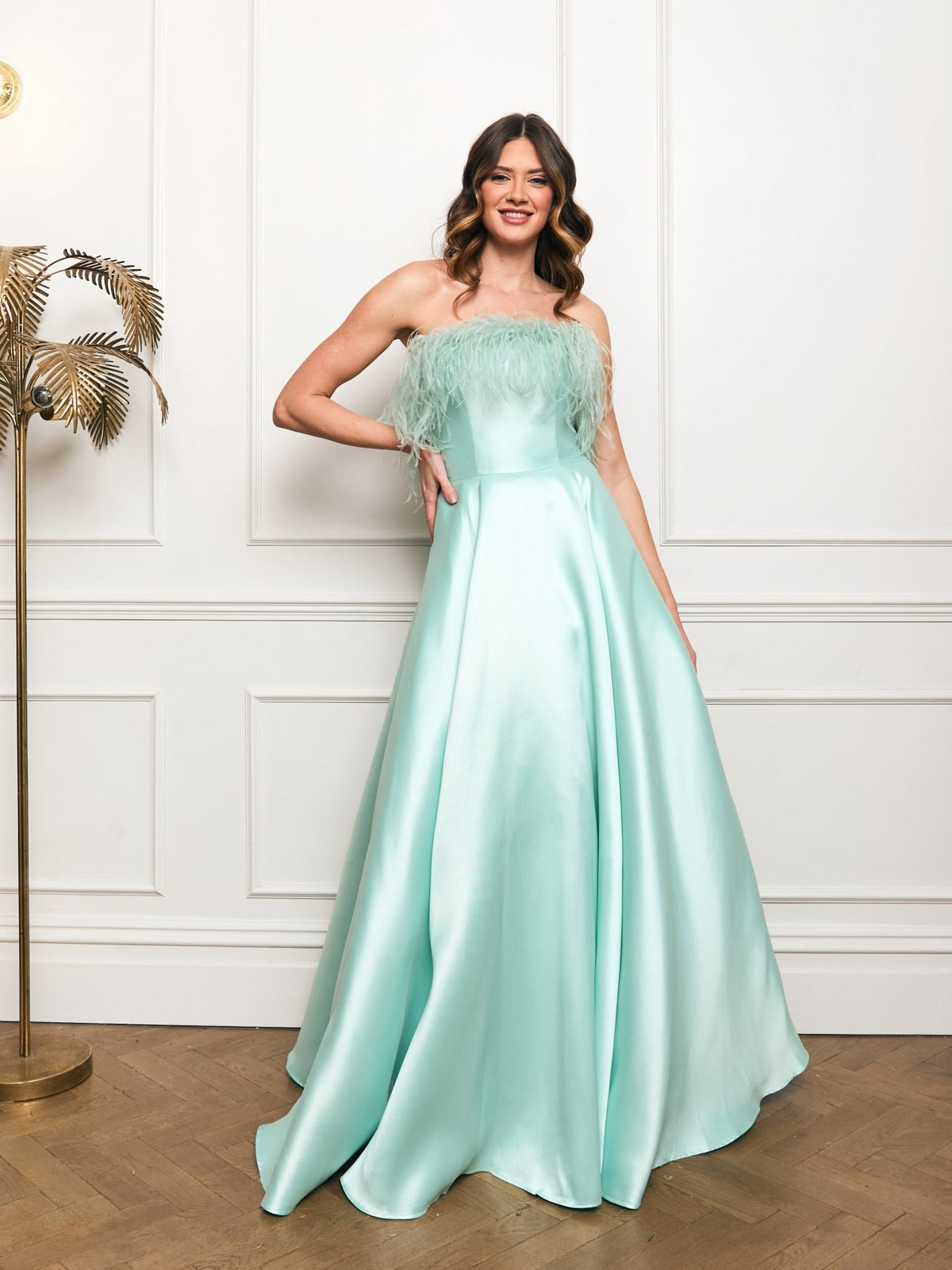Lydia - Mint Strapless Mikado Gown With Feather Trim