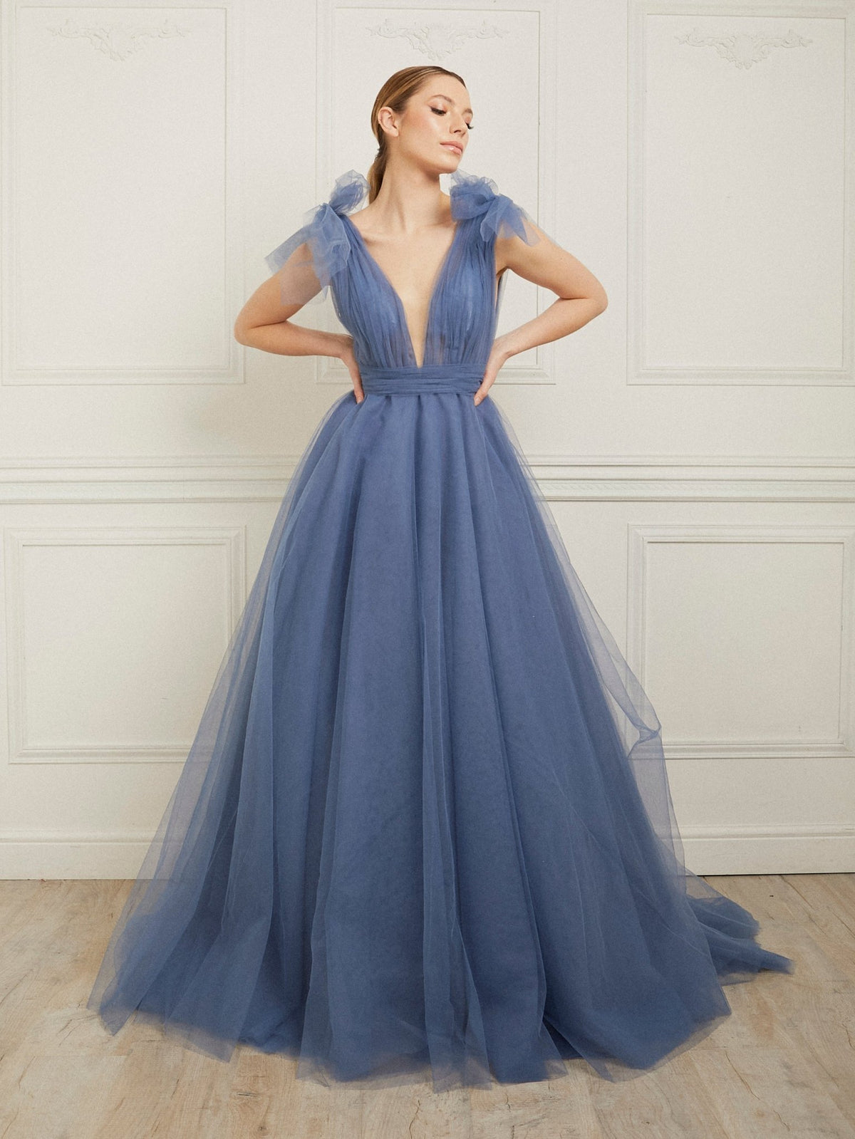 Melania -  Steel Blue Sophisticated Shoulder Detail Dress