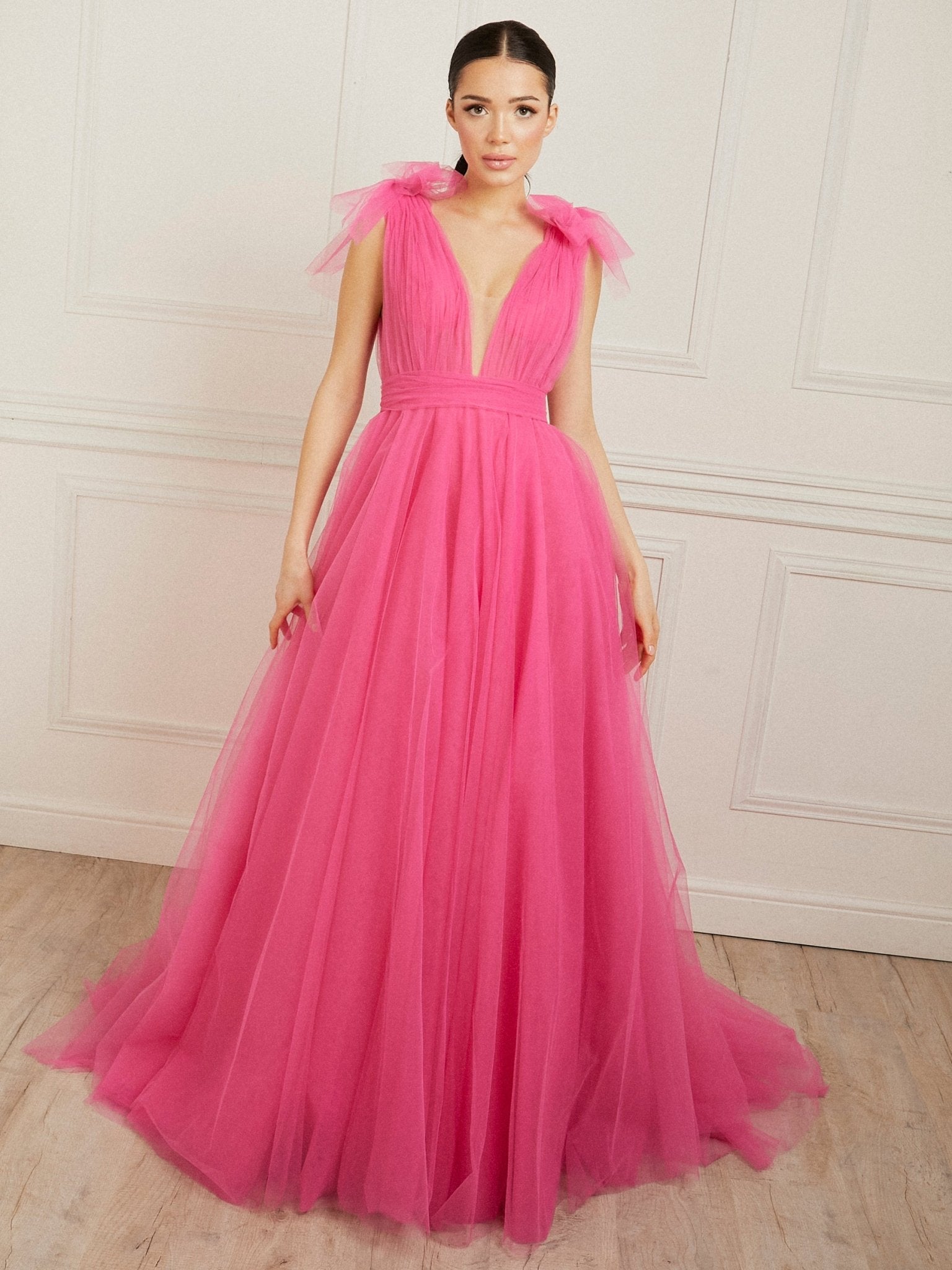 Melania - Hot Pink Sophisticated Shoulder Detail Dress Pink / UK12 US8 Melania - Hot Pink Sophisticated Shoulder Detail Dress Pink / UK12 US8